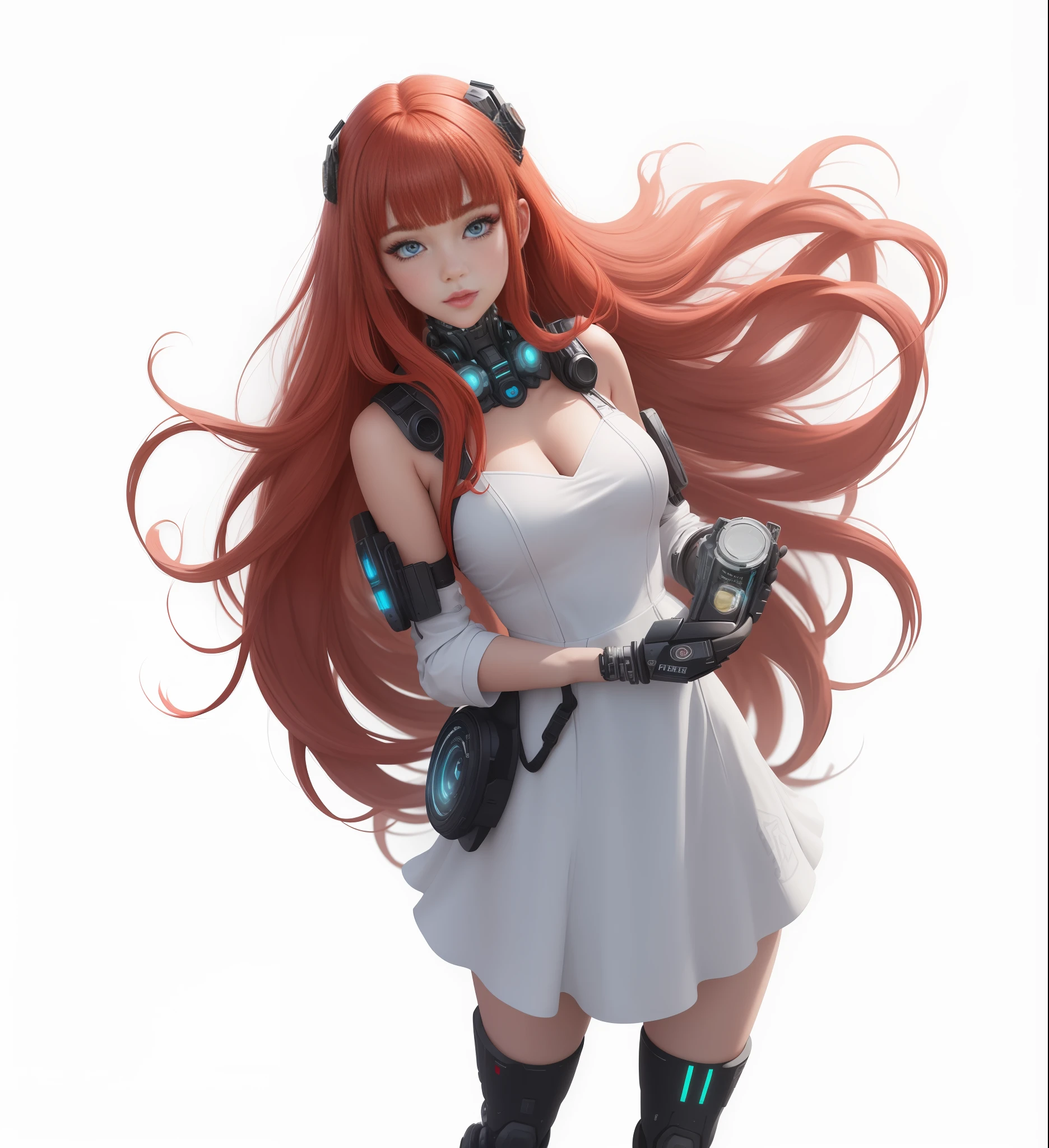 A cartoon girl with red hair and blue eyes, she has red hair and hair that grows to her thighs |fluttering hair| Qi bangs | Round chin | Wearing a blue-gray dress | (White stockings: 2) | Girl | External Mech | Red hair | Long legs | Combat | biopunk | cyberpunk | cyberpunk | Full body image | Canon M50 | 100 mm | Clear focus | Fluency | Surrealism | High detail | Intricate details --auto --s2
