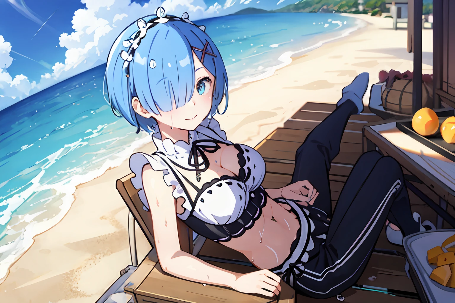 best quality,highly,detailed,masterpiece,ultra-detailed,illustration,85mm lens,
looking at viewer, ((1girl,solo)),blush,full body,
(Delicate eyes),(smile),one eye covered, (cover right eye),hair over one eye,hair ornament,
medium breasts,cleavage,
bikini,
(short hair,:1.2),(wet hair:1.3),expressive detail hair,blue hair,
beach,beautiful sky,detail sky,morning,,nayutaren