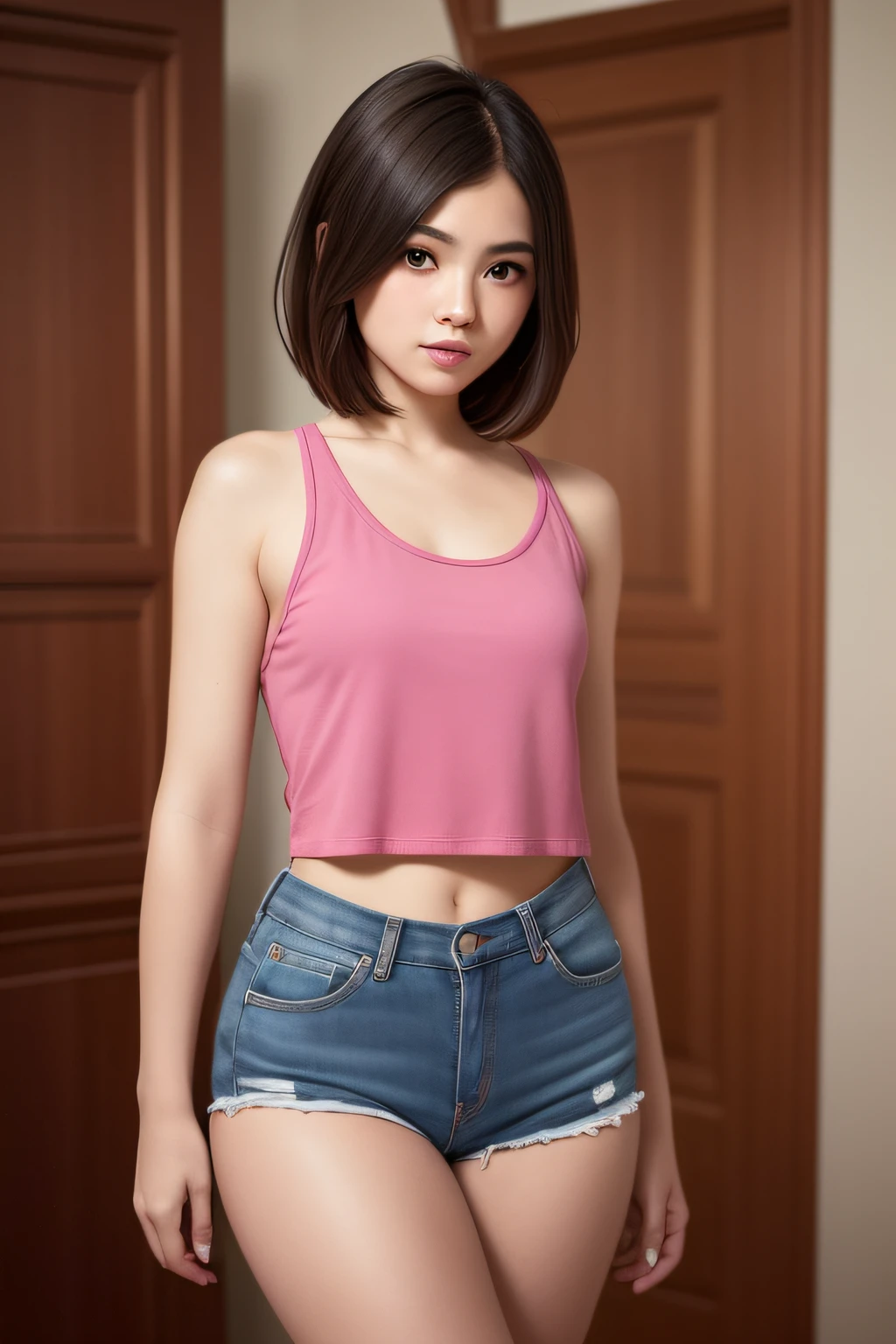 the best quality t，cute  girls，cropped hair，Ultrahigh Resolution，（photorealistic：1.8），1girl，master masterpiece，Frontal avatar，inside room，HyperRealistic