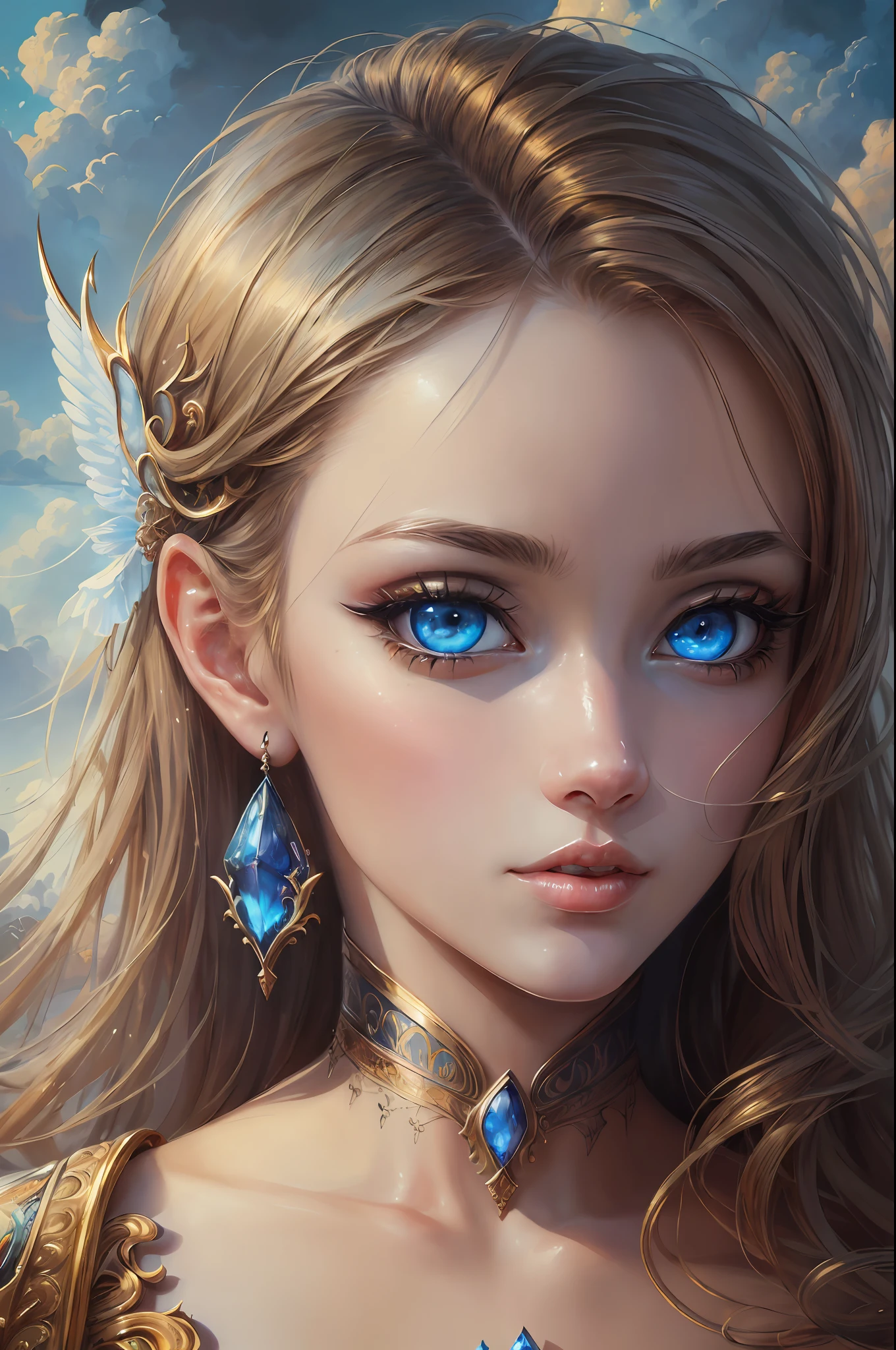 ( Absurd, High quality, ultra-detailed, masterpiece, concept art, smooth, highly detailed artwork, hyper-realistic painting )beautiful eyes(eyes detailed),1 pretty girl, Eros, Dreamy , Clouds, Vivid, fantasy