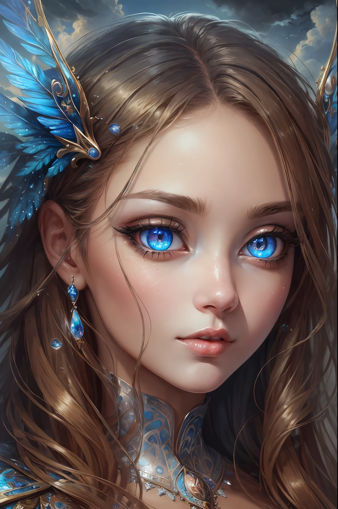 ( Absurd, High quality, ultra-detailed, masterpiece, concept art, smooth, highly detailed artwork, hyper-realistic painting )beautiful eyes(eyes detailed),1 pretty girl, Eros, Dreamy , Clouds, Vivid, fantasy