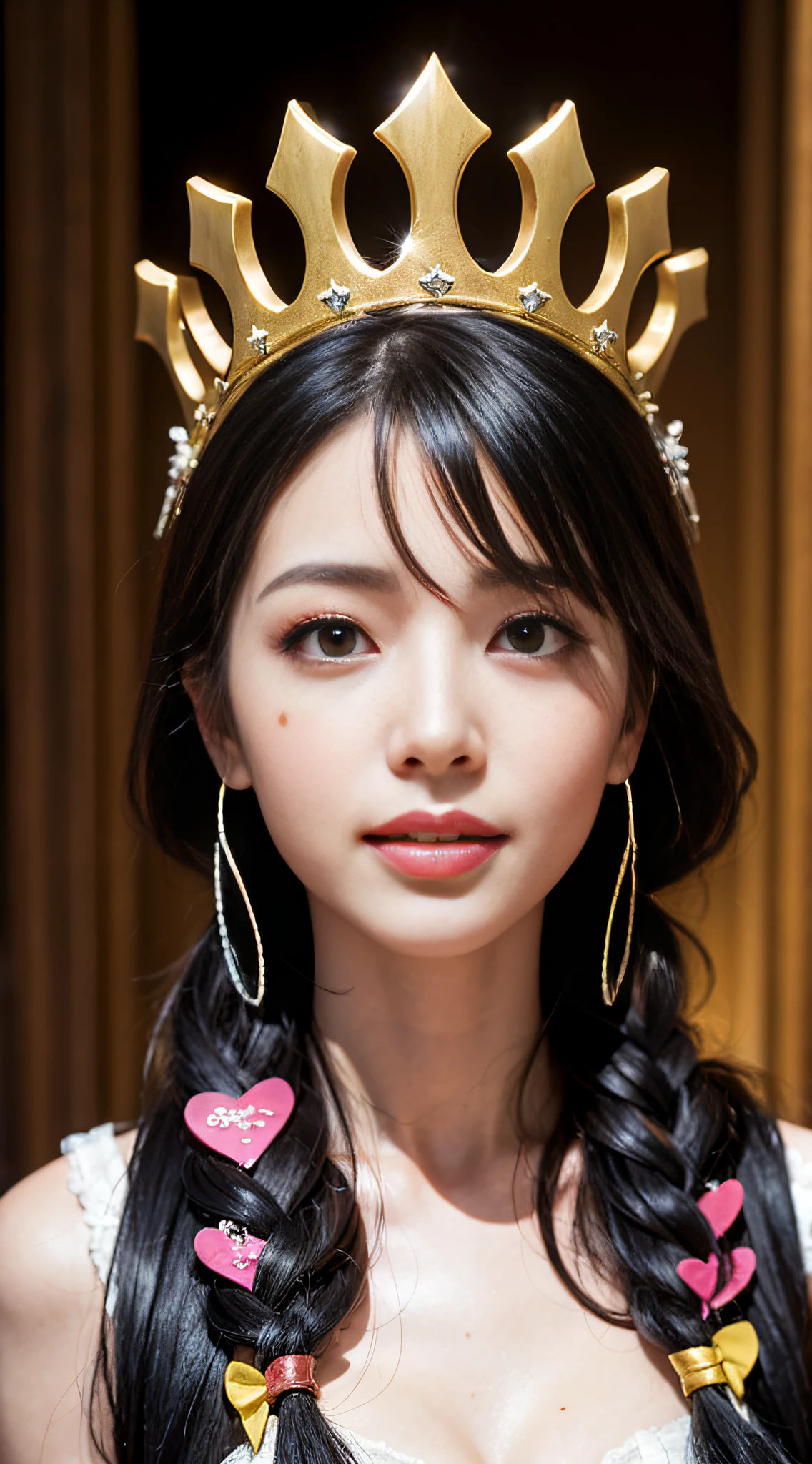 girl, Long hair, Black silk, Sexy, Lovely, Blush, Perfect facial features, multicolored hair, streaked hair, braid, hair strand, shiny hair, crown, rimless eyewear, heart hair ornament, mole under eye, longeyelashes, color contact lenses, smile, parted lips, Realism, Futurism, Art Deco, Expressionism, Contemporary art, chromatic aberration, cinematic lighting, ray tracing, bloom, anaglyph, optical illusion, from below, Sony FE GM, retina, 1080P, UHD, ccurate, textured skin, super detail, award winning, best quality, high details, high quality --chaos 100 --stylize 1000 --style ,