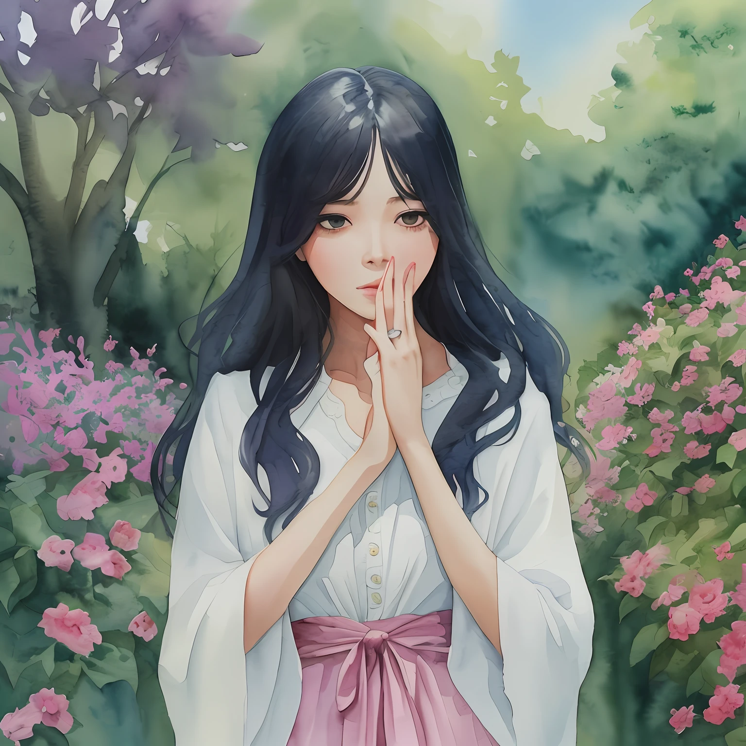 A woman who looks like Ioyuu.Woman covering her lips with her hand. Woman standing in the English garden. Watercolor illustration painting.