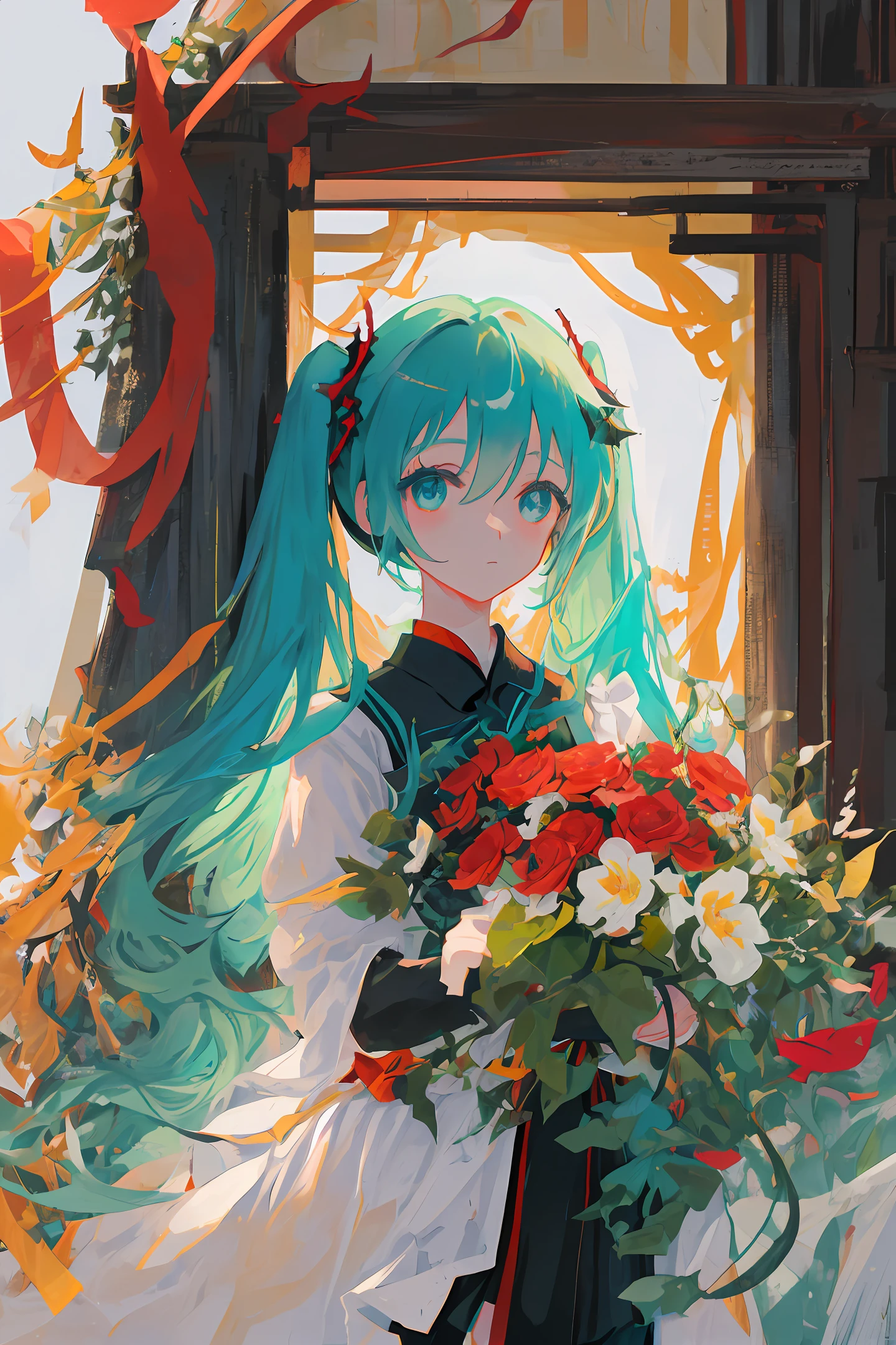 Hatsune Mirai,highest quality,The details are endless,Black-red thorns, fine Detail,Cute beautiful girl,Long blue-green hair,Messy hair,The blue-green eyes are delicate and alert,Black-red butterfly,Black cheongsam,Red transparent veil,Red-black flower clusters,Clear details,unlimited details,fragile,Behind the light,Super perfect,yanli,Exhibition Background,Ultra-fine work,gods,Rich in detail, unlimited details,Elegant,Absolutely beautiful,Hatsune Mirai,Hatsune Mirai,Hatsune Mirai(Hatsune Mirai)(master masterpiece) (A masterpiece) (Meticulous description) (Meticulous hair depiction) (Carefully portray the eyes) (Carefully portray the face) (Detailed portrayal of the human body) (Detail portrayal of the whole body)