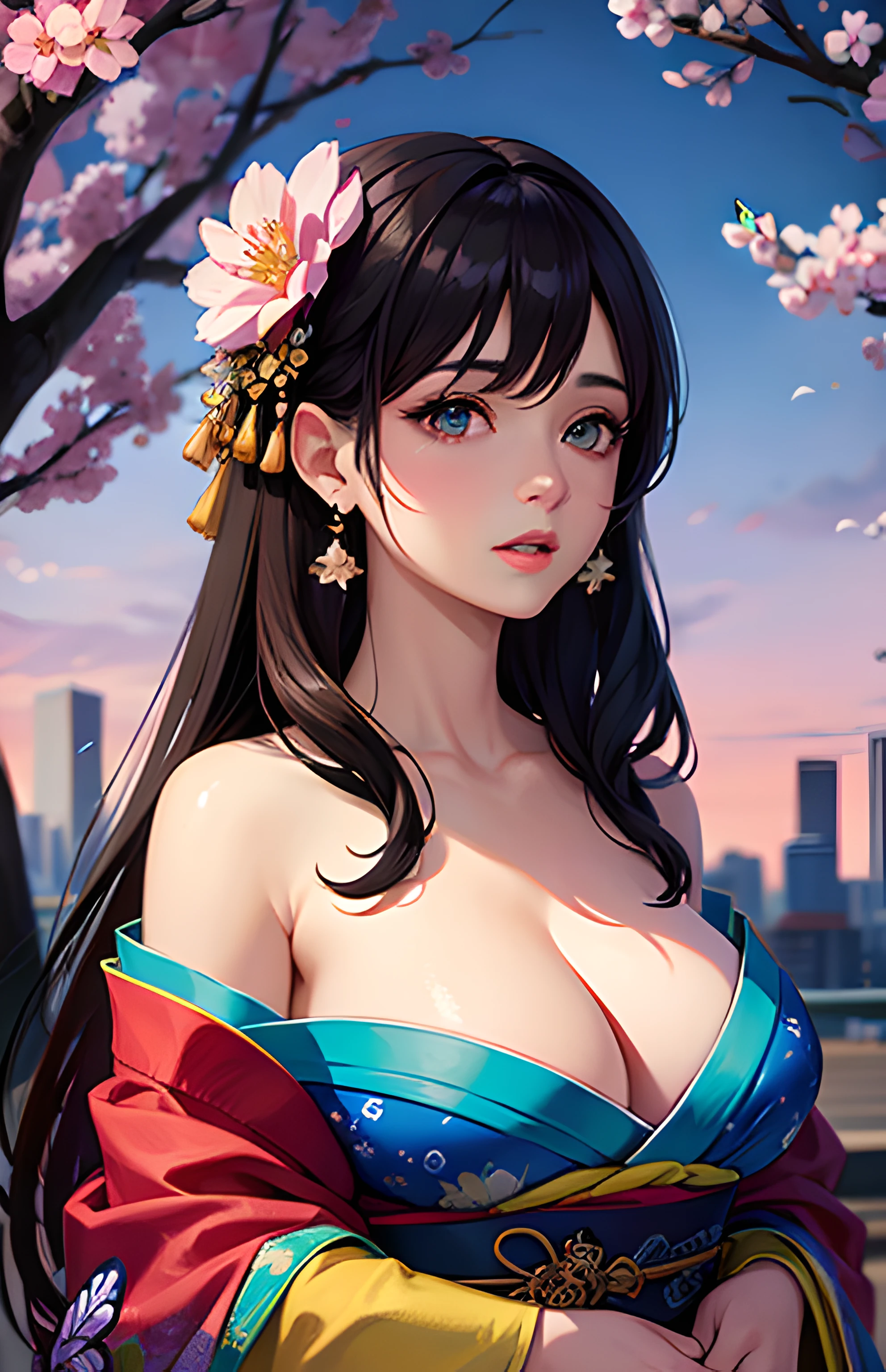 shukezouma, octane render, hdr, (hyperdetailed:1.15), (soft light, sharp:1.2), 1girl, beautiful girl, ultra detailed eyes, mature, plump, thick, rainbow painting drops,splat, splash, long colored hair, ultra detailed texture kimono, (hair ornaments, earrings, flowers hair ornaments, butterflies hair ornaments), outdoors, sakura trees