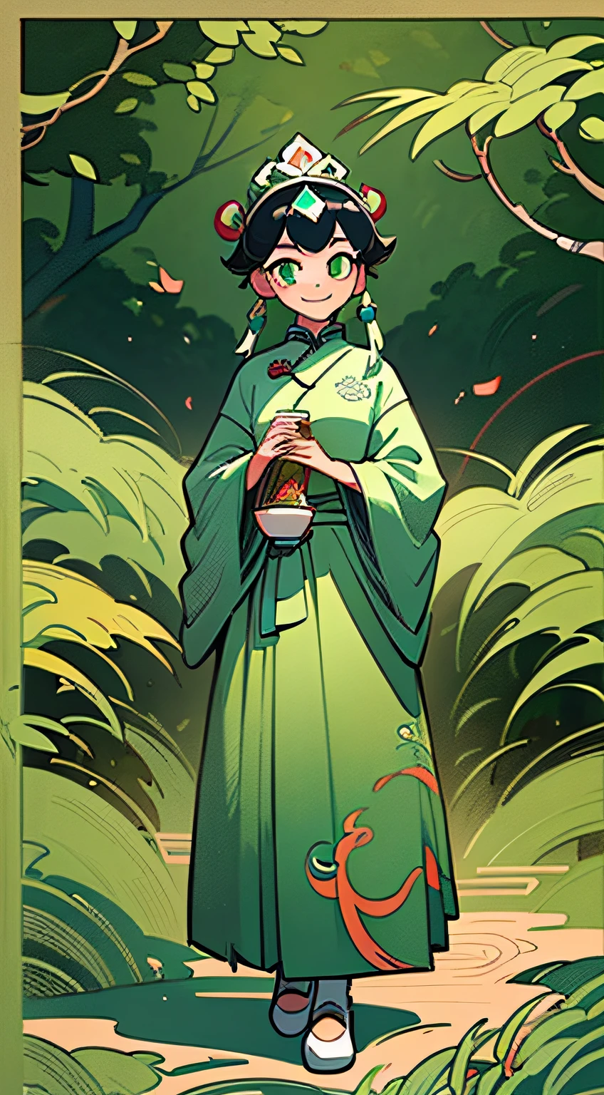 ((High quality CG,Chinese painting style),(One woman),Full body diagram,Character standing drawing,Chinese ethnic girl,paisagem rural,the countryside,yama Kali,green colored,Take the leaves,Tea picking in tea gardens,National costumes,The girl smiled,picking tea,Ethnic tiara,Silver headdress,,Looking towards the camera,elegantcolor scheme,mixed patterns,text and emoji installations,Close up of a,charming characterillustrations,Chinese meticulous painting,Chinese ink,Minimalism,folkloric --ar 3:4 --s 400 --niji 5