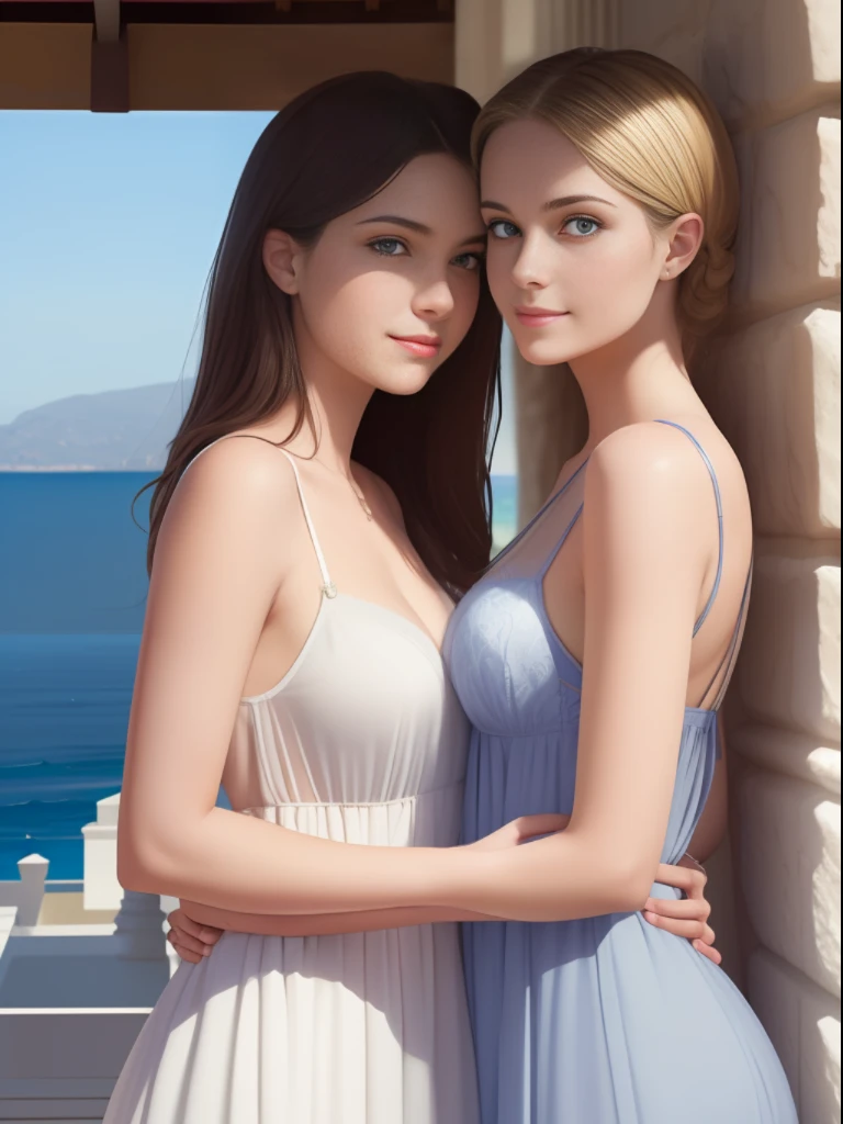 atural light, top quality, masterpiece, illustration, very delicate and beautiful, highly detailed, CG, unity, 8k wallpaper, amazing, detailed, masterpiece, top quality, official art, highly detailed CG Unite 8k wallpaper, silly, incredibly silly, huge file size, super detailed, high resolution, highly detailed, beautiful detailed girls, highly detailed eyes and faces, beautiful detailed eyes, (RAW photos , best quality), (realistic, photorealistic: 1.3), light on face, masterpiece, best quality, full body, (full body shot:1.3), portrait of 2 girls, (russan girls:1.5), (), (detail face, nose and eyes), (smile:1.2), blonde heir, (waering see-through summer dress with leace trimmed under bra and pantie, summer sandal), (one dress is emeald green, another dress is white), (off-sholder), (they play sexual hanky-lanky:1.5), (looking face each other:1.2),(backgraund Aegean Sea side:1.5 )