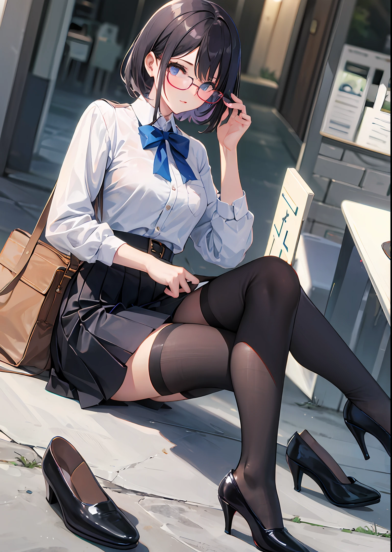 White shirt, short skirt, black stockings, glasses, royal sister (the street)HIGH HEELS