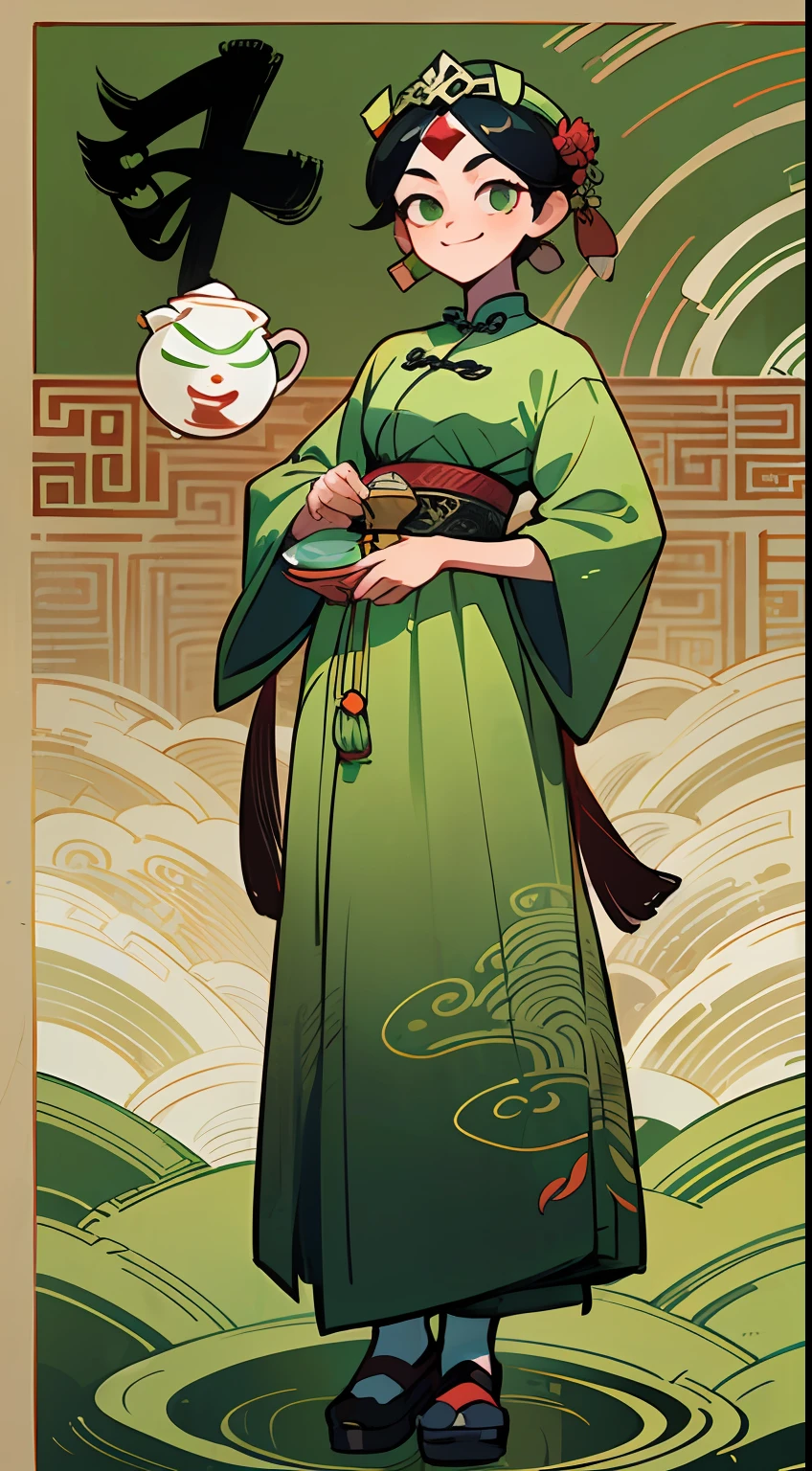 ((High quality CG,Chinese painting style),(One woman),Full body diagram,Character standing drawing,Chinese ethnic girl,paisagem rural,the countryside,yama Kali,green colored,Take the leaves,Tea picking in tea gardens,National costumes,The girl smiled,picking tea,Ethnic tiara,Silver headdress,,Looking towards the camera,elegantcolor scheme,mixed patterns,text and emoji installations,Close up of a,charming characterillustrations,Chinese meticulous painting,Chinese ink,Minimalism,folkloric --ar 3:4 --s 400 --niji 5