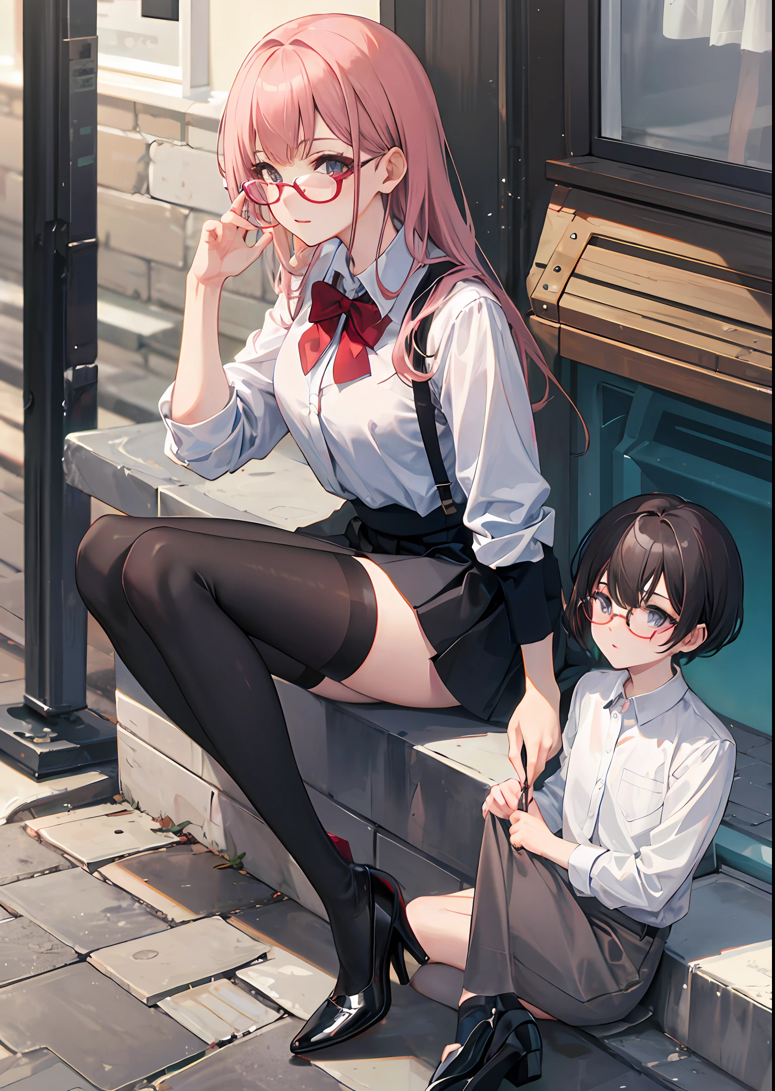 White shirt, short skirt, black stockings, glasses, royal sister    （the street）HIGH HEELS