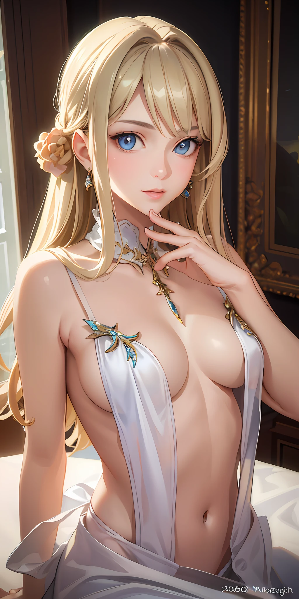 (Photorealistic:1.4), (Masterpiece, Sidelight, Exquisite Beautiful Eyes: 1.2), Masterpiece*Portrait, Realistic, 3D Face, Glistening Eyes, Glossy Hair, Glossy Skin, Solo, Embarrassing, (Abdomen),