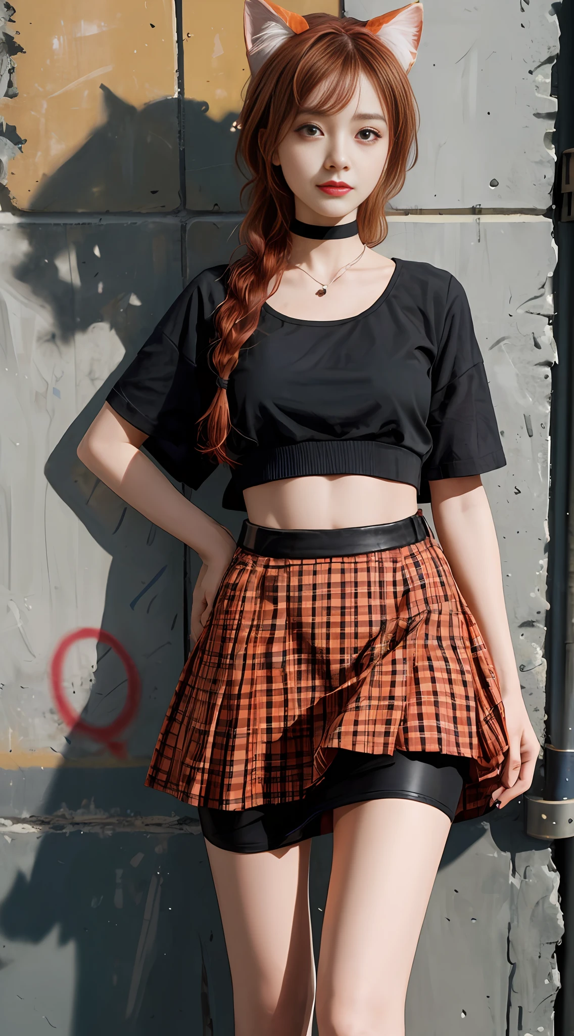 masterpiece, supreme quality, 1girl, solo performance, chic cropped top, vivid red hair, (plush cat ears), sophisticated braid, gentle fringe, captivating choker, (graffiti: 1.5), artistic paint splashes, enticing arms behind back, leaning on wall, gazing at viewer, trendy armband, urban hip-hop flair, flirtatious skirt, mischievous head tilt, powerful expression, warm orange hues, energetic asymmetrical layout, striking geometric patterns, imaginative street art, interplay of sunlight and shadows,
