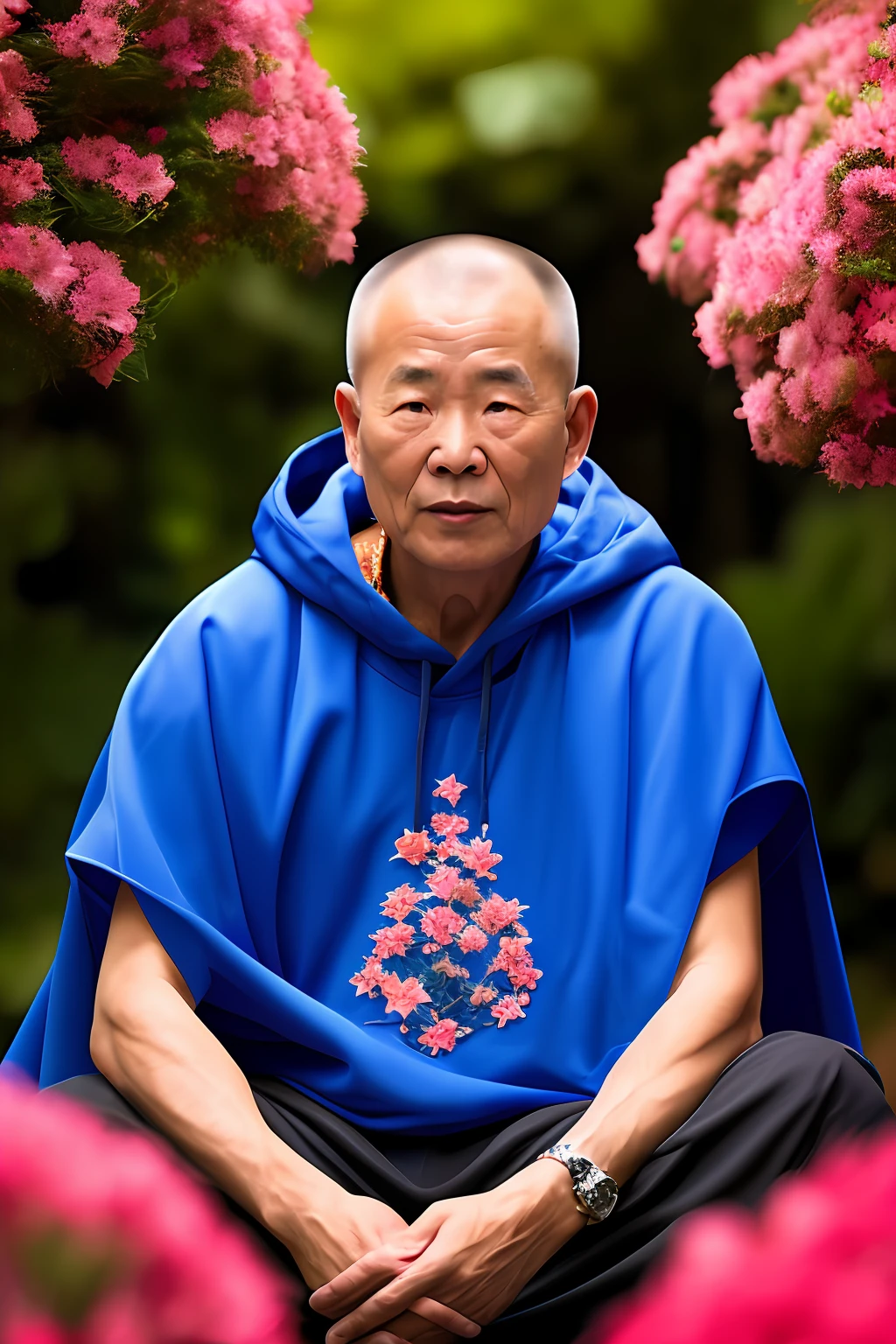 Muscular old Asian monk sits cross-legged in an patch of flowers with his eyes opens in deep meditation, wearing a hood and cape, his stoic expression remains unbroken, (extremely detailed CG), ((Realistic Shadows:1.2)), ((Realistic Lighting:1.1)), [Highest quality], (8K:1.1), ultra-detailed, ((perfect shadows)), best illumination, best shading, (masterpiece), (best quality:1.0), (ultra highres:1.0), well drawn body, (subject in focal point)