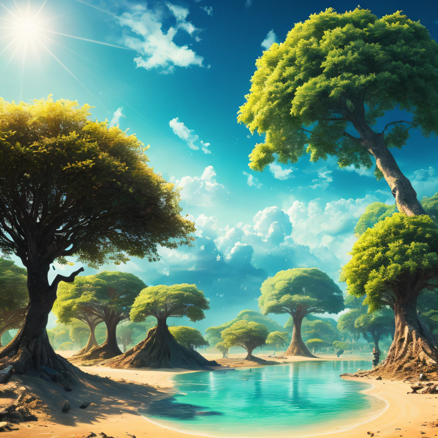 Masterpiece, best quality, high quality, highly detailed CG unity 8k wallpaper, surreal giant cyan rain tree in a futuristic prehistoric village, splashing water, sandy debris, lens flare, sun axis, fluffy clouds, ultra detailed, HDR, bloom, photorealistic, ultra detailed --auto