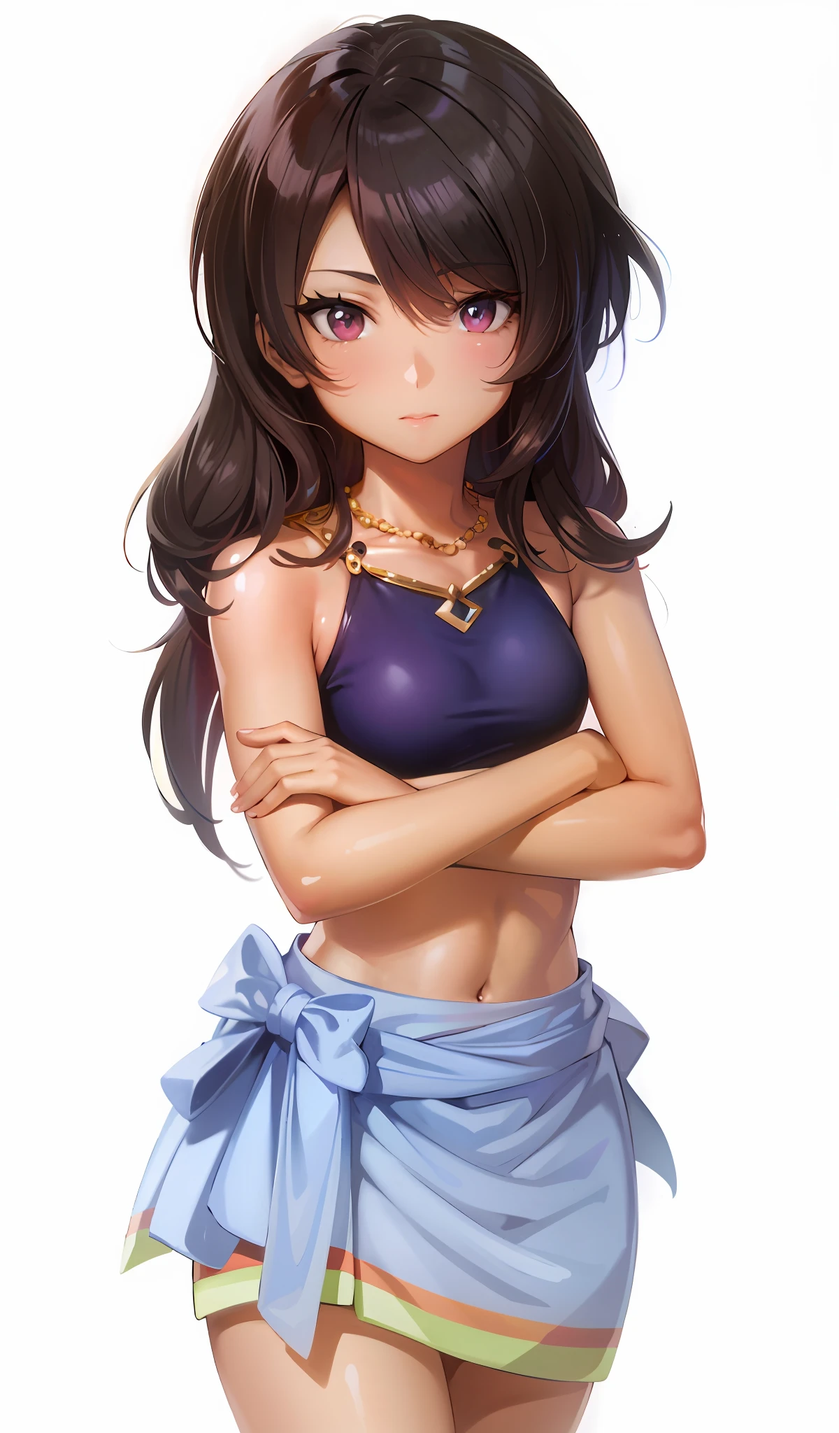 Una mujer en bikini y falda posando para una foto, portrait knights of zodiac girl, Nico Robin, Maya Fey de ACE Attorney, Anime Moe Artstyle, seductora chica de anime, Arte detallado del personaje de anime, Atractiva chica de anime, Personaje femenino de anime, Misato Katsuragi, Hermosa mujer anime, Diosa del anime, Joven chica de anime realista, Mujer anime