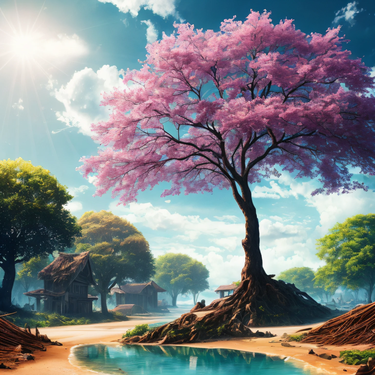 Masterpiece, best quality, high quality, highly detailed CG unity 8k wallpaper, surreal giant cyan rain tree in a futuristic prehistoric village, splashing water, sandy debris, lens flare, sun axis, fluffy clouds, ultra detailed, HDR, bloom, photorealistic, ultra detailed --auto