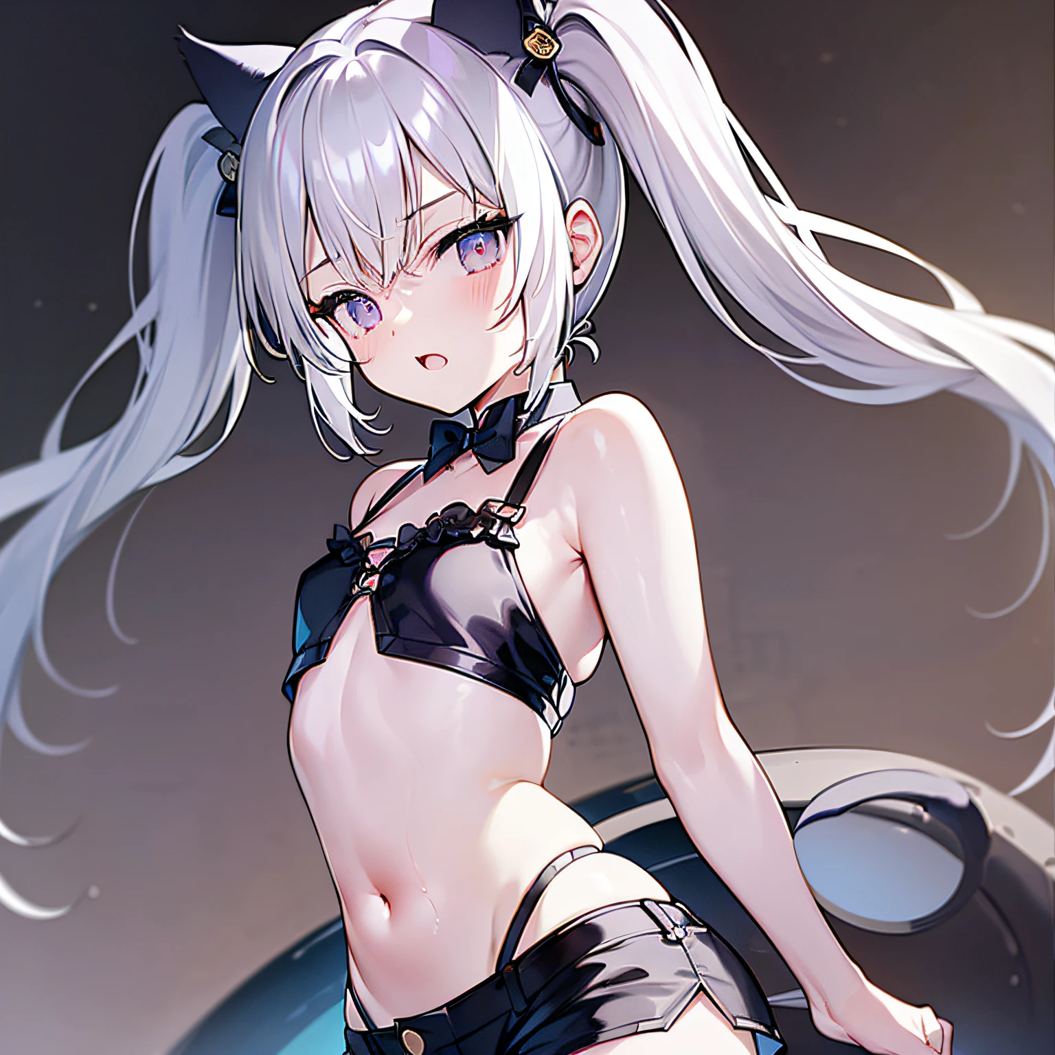 Cat-eared girl, (solo、:1.2), ((masterpiece)), (Ombre), [slim], (small breasts), ((Sharply Focused)), pale skin, ((Detailed eye)), (a blurred background), black rock shooter, Twin tail, Red bra, dark short hair,, shortpants、, Underarms, collarbone, big lance