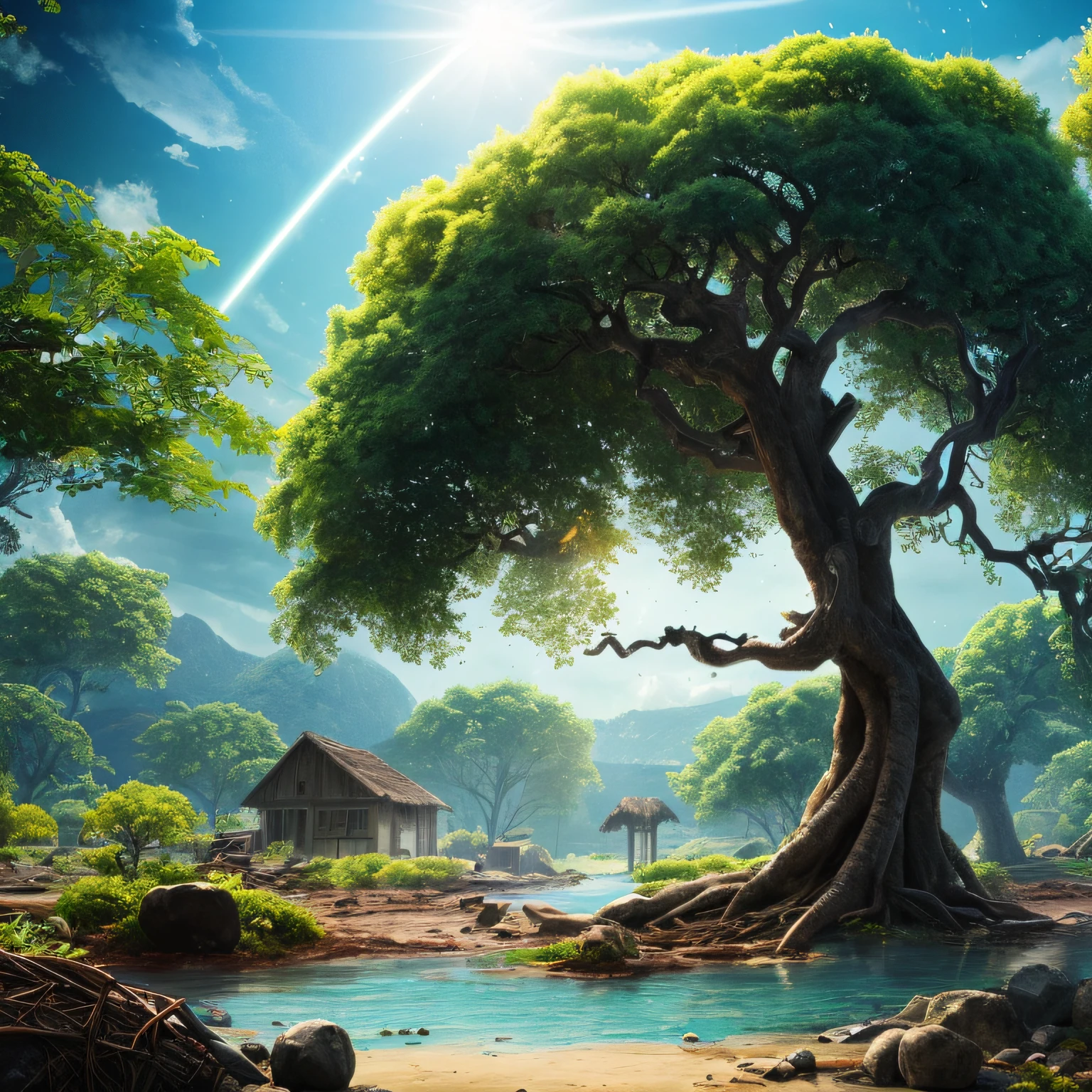 Masterpiece, best quality, high quality, highly detailed CG unity 8k wallpaper, surreal giant cyan rain tree in a futuristic prehistoric village, splashing water, sandy debris, lens flare, sun axis, fluffy clouds, ultra detailed, HDR, bloom, photorealistic, ultra detailed --auto