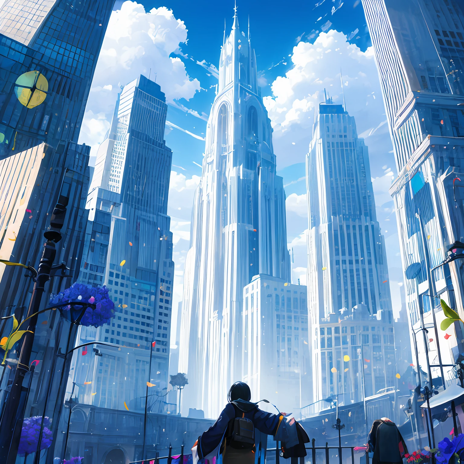 Clothing at height,White flowers,city in the sky,illustartion。 --auto