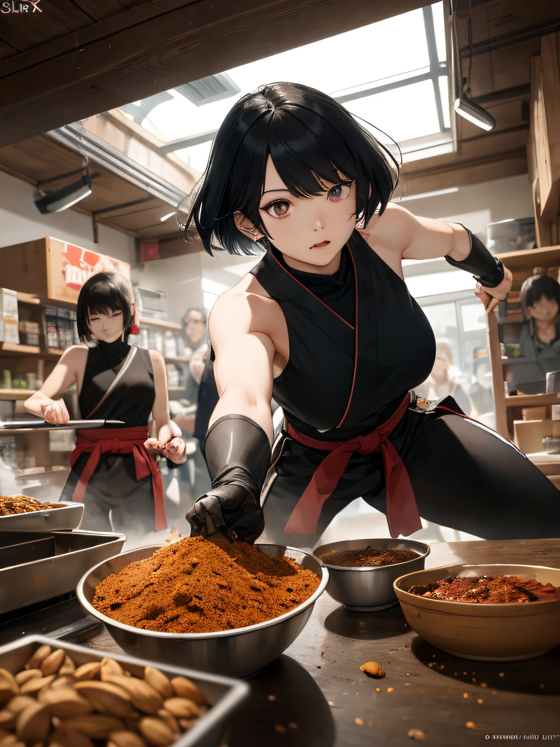 chili pepper, garlic, Almonds falling from the ceiling、Absurdres、Highres、Super Detailed、(1女の子:1.3)、
BREAk、a ninja、shuriken、Kusanagi、Ninjutsu、stealth、acrobat、Shadow Technique、typography、Lettering art、graphic design、Creative Communication