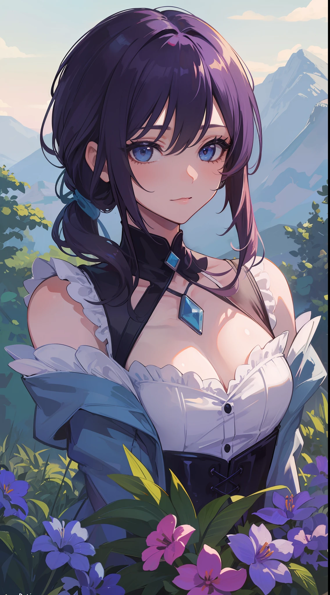 1girl, wearing a saintess clothes, dark-purple hair style split flowers, sharp blue eyes, she is milf, her hair is tied up beautifully with a cute clip, beautiful scenery art colour ((37 year old face)) ((no multiple people))