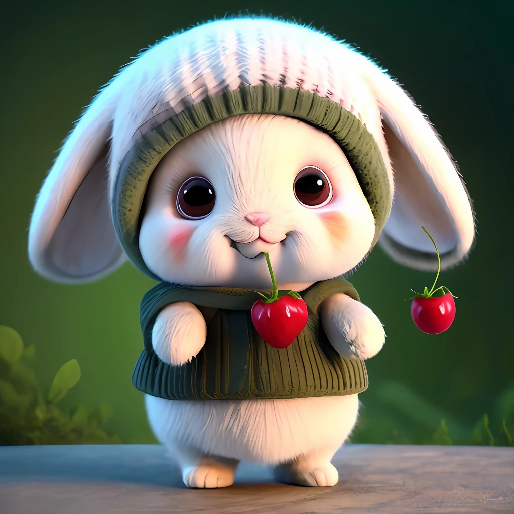 : 3. Rabbit, realistic, hairy, clothed animal, apple, dark circles, blush, cherry, food, fruit, full body, hat, non-human, strawberry, tomato, watermelon
