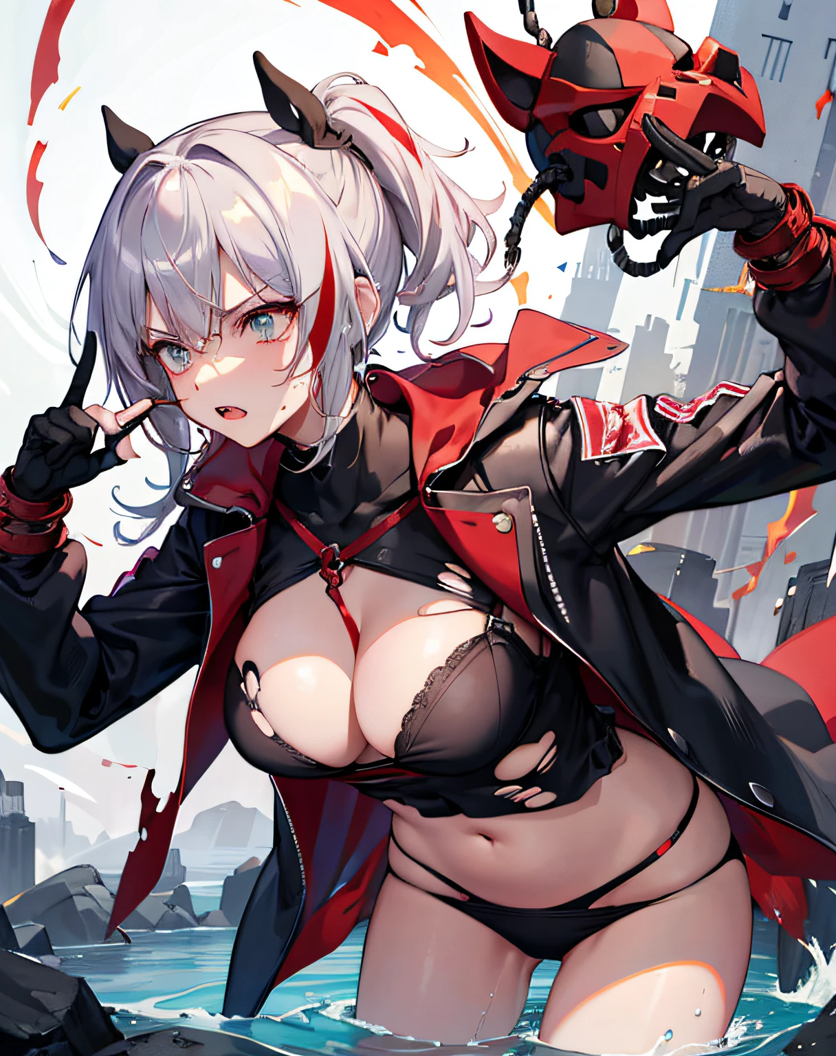 Masterpiece, dynamic, detailed diced skin, impressive lighting, captives, ninjas, ponytails, black masks, big, torn clothing, no panty, no bra, restrained, angry, noose, holding wet sticks
