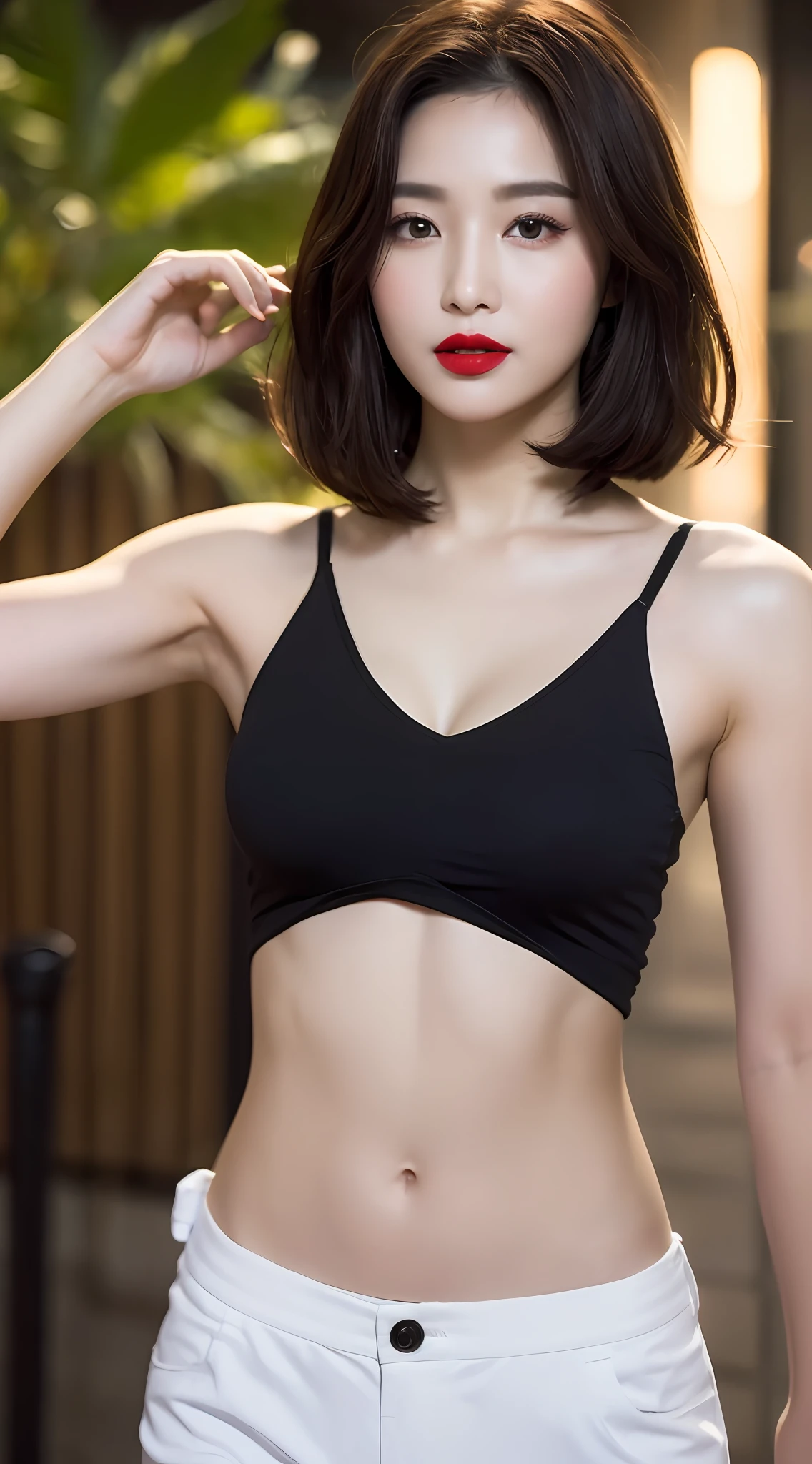 ((Realistic lighting, bestbestquality, 8k, master masterpiece:1.3)), Sharp Focus:1.2, 1girl, Beautiful Woman with a Perfect Figure:1.4, Slim abs:1.1, ((Dark Brown Hair)), (White crop top:1.4),(out door,during night:1.1),Park view,Ultra-fine face,Fine eyes,Double eyelidd,red lipstick,Lovely lips