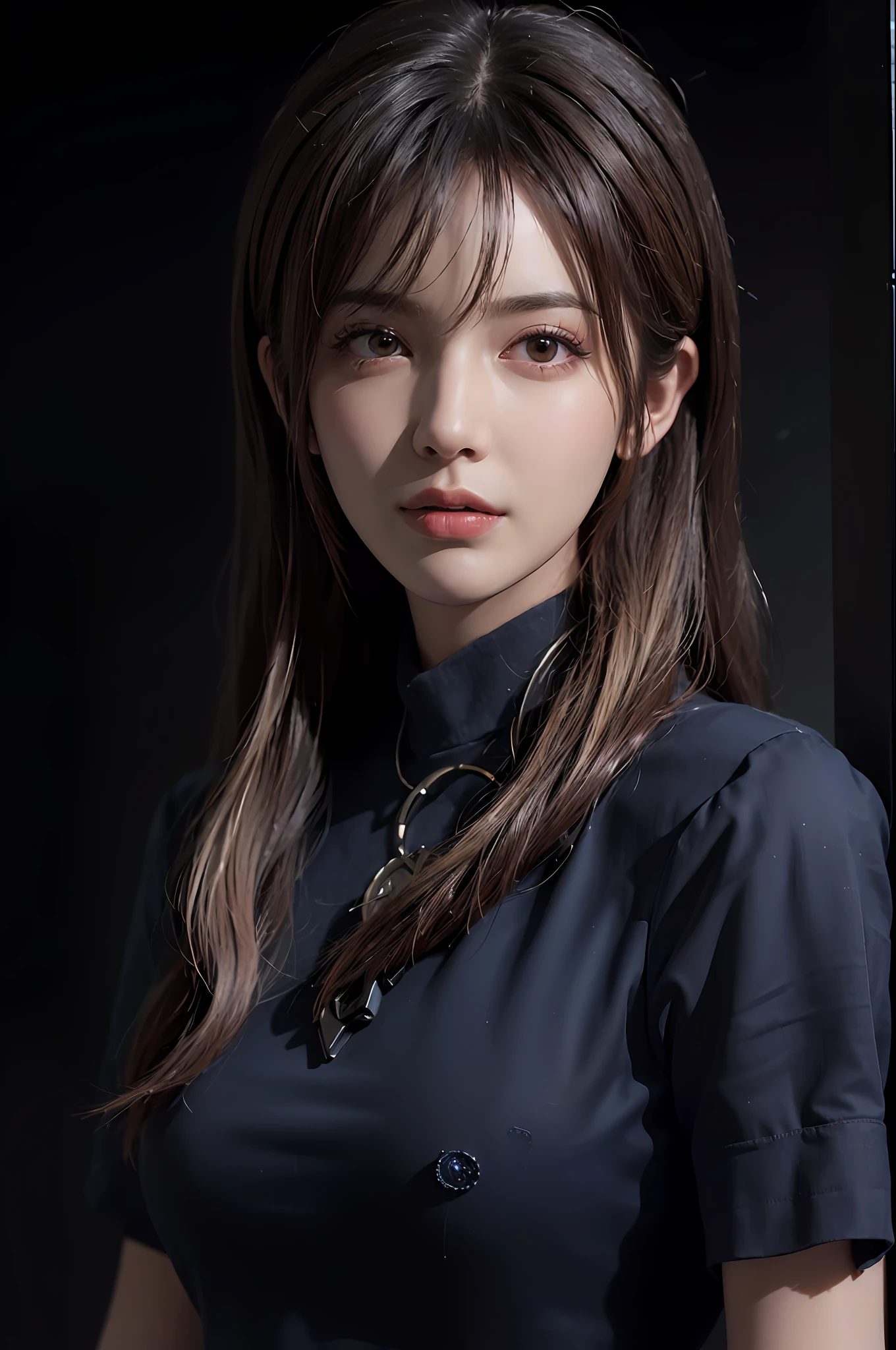 (front focus), (in the dark:1.6), Hyperrealist portrait of female by david hockney and alphonse mucha, fantasy art, photo realistic, dynamic lighting, artstation, poster, volumetric lighting, very detailed faces, 4 k, award winning, 1girl, in the dark, deep shadow, low key, cowboy shot, (official clothing:1.4), long hair, white hair
