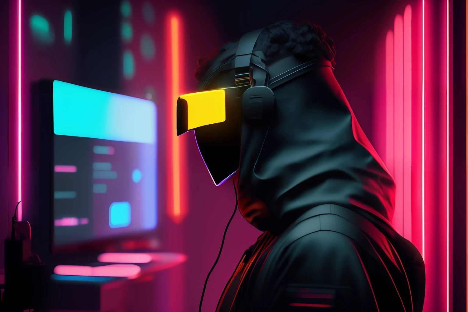 ((Melhor qualidade)), ((obra-antes)), (altamente detalhado: 1.3), 3D, NeonNoir, belo homem cyberpunk, (using the head mounted display which is thick and hi-Tecnologia: 1.2), usando uma capa, hacking um terminal de computador.