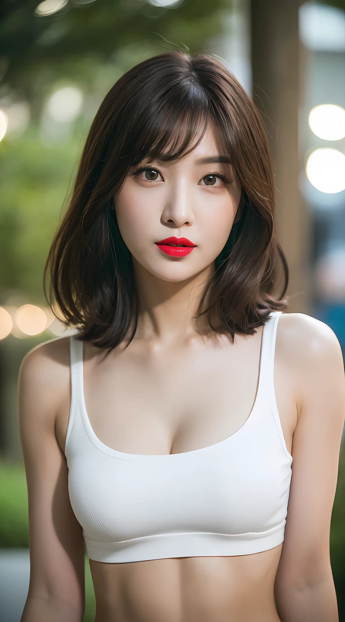 ((Realistic lighting, bestbestquality, 8k, master masterpiece:1.3)), Sharp Focus:1.2, 1girl, Beautiful Woman with a Perfect Figure:1.4, Slim abs:1.1, ((Dark Brown Hair)), (White crop top:1.4）,（out door，during night：1.1），Park view，Ultra-fine face，Fine eyes，Double eyelidd，red lipstick，Lovely lips