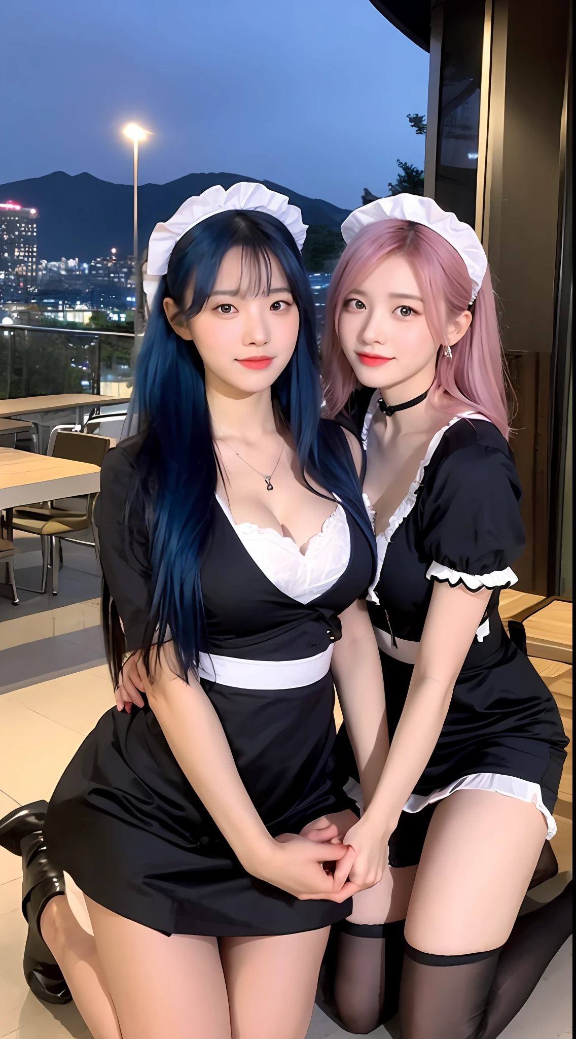 Two cute Korean singer girls，Take photos at night，The background is the balcony，The two girls knelt together，kneeling，Wearing a maid outfit，Coffee shop maid outfit，There is a bell around the neck，Skinny and tall body，Cute real girl with big breasts，Blue hair and pink hair，erogenous，Realistic Korean girl，female student，cute schoolgirl，