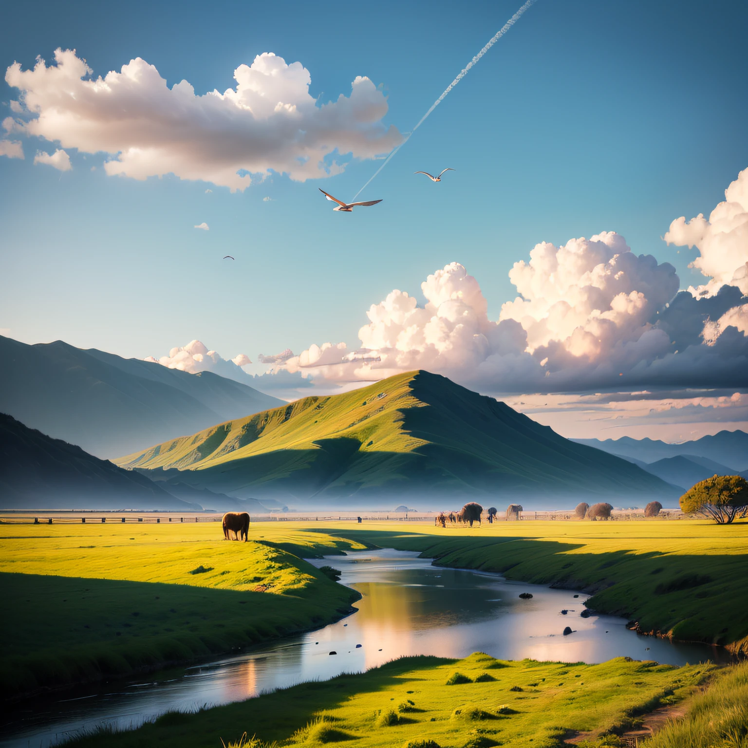 Under a blue sky,Endless grasslands,There are several small birds flying in the sky。There was a shepherd nearby,A little further away there is a flock of sheep --auto