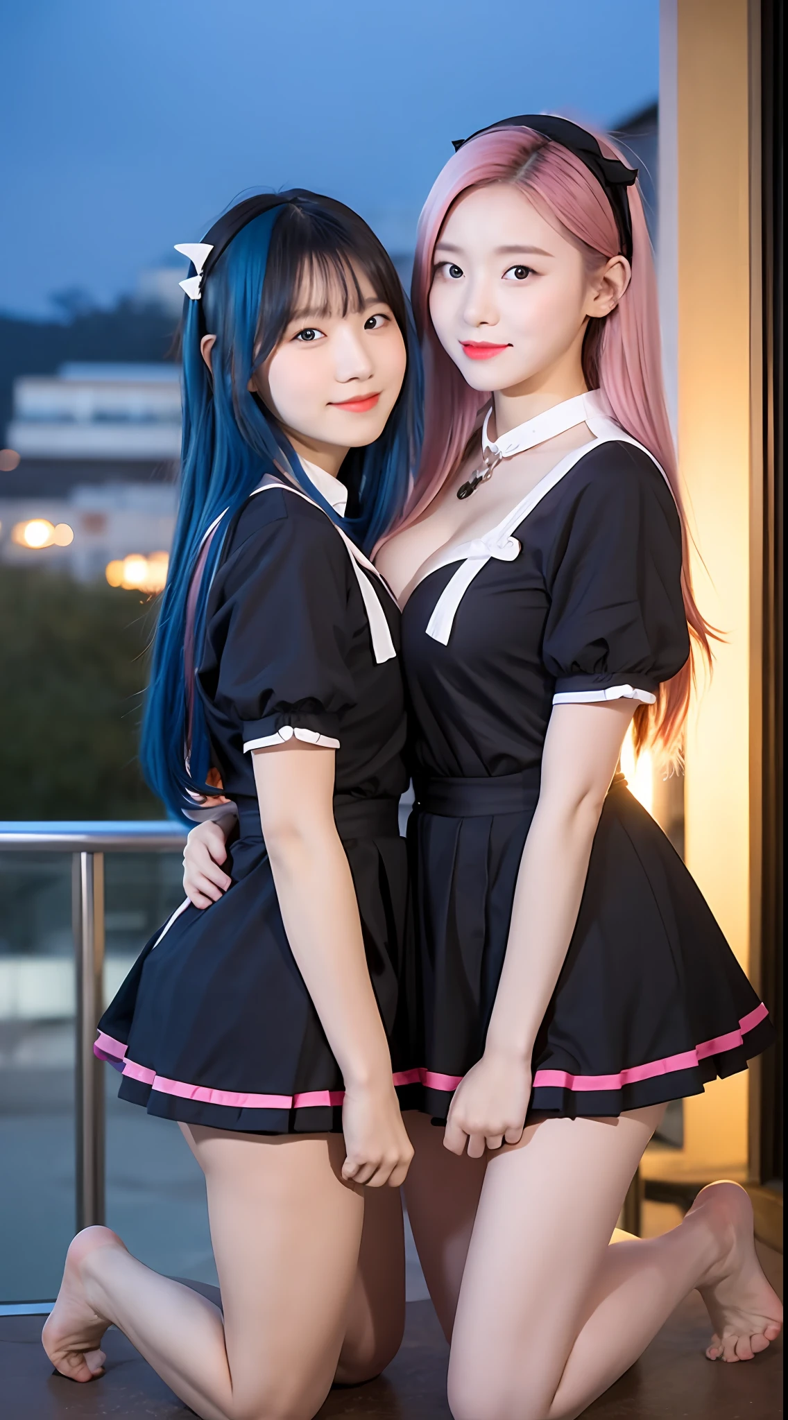Two cute Korean singer girls,Take photos at night,The background is the balcony,The two girls knelt together,kneeling,Wearing a maid outfit,Coffee shop maid outfit,There is a bell around the neck,Skinny and tall body,Cute real girl with big breasts,Blue hair and pink hair,erogenous,Realistic Korean girl,female student,cute schoolgirl,