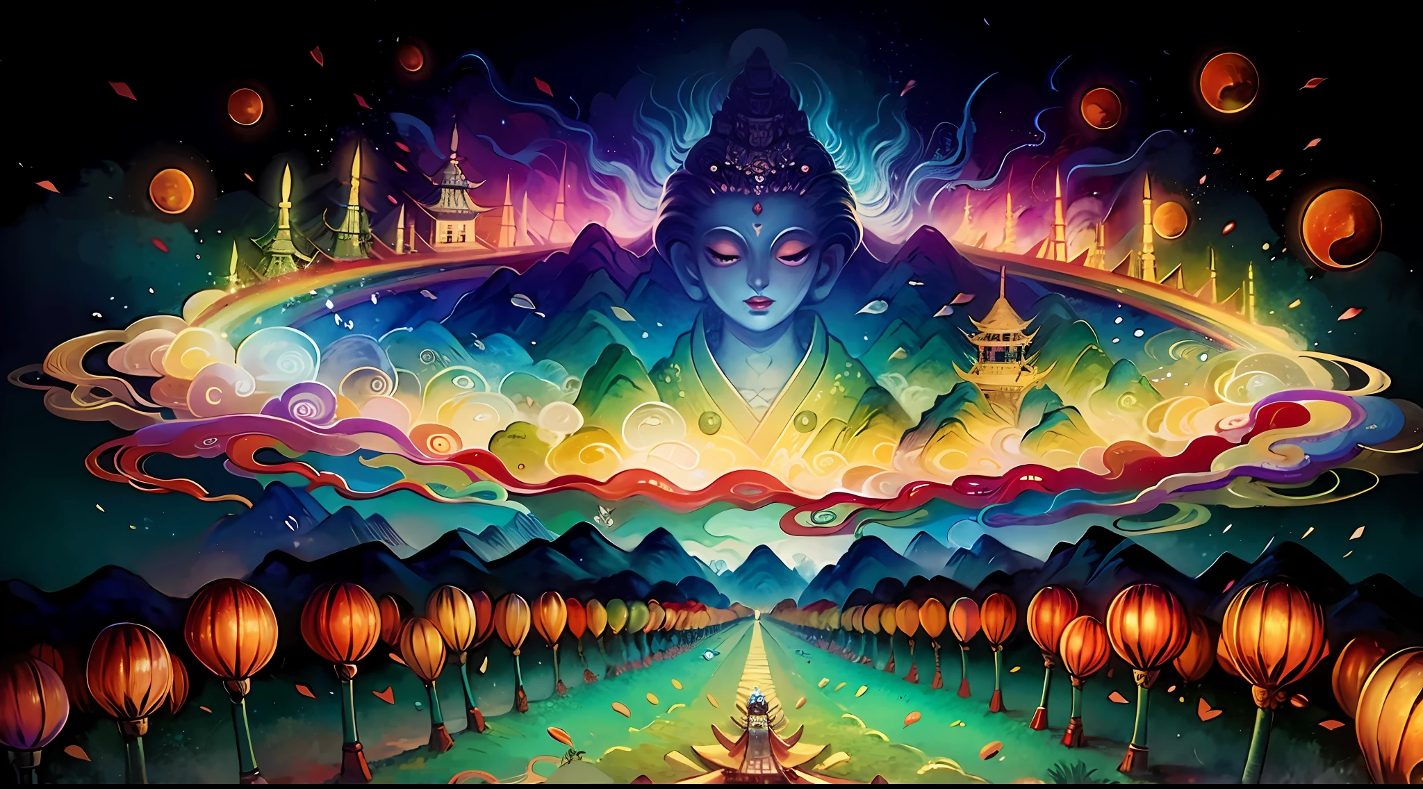 An ancient Chinese painting, ancient Chinese background, mountains, rivers, auspicious clouds, pavilions, sunshine,(psychedelic details),(mushrooms),(rainbow),(trippy),(DMT),(Buddha),intricate details, more details, high details,masterpieces, super detail, epic composition, ultra HD, high quality, extremely detailed, official art, unified 8k wallpaper, Super detail, 32k -- v 6