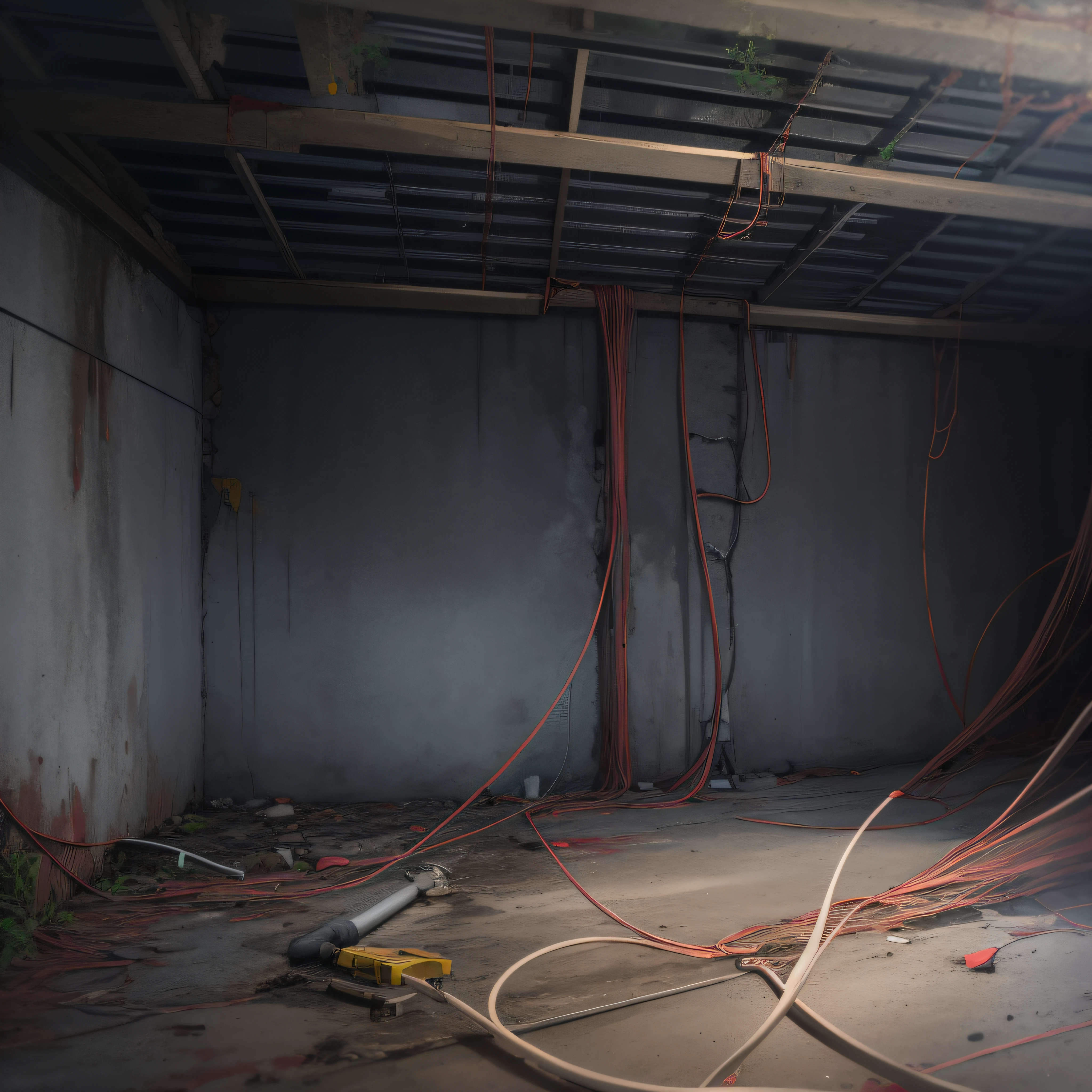 Dilapidated basement，Walls，Damp and dark，There are wires and pipes on the walls，electric wire，pipeline，hig quality