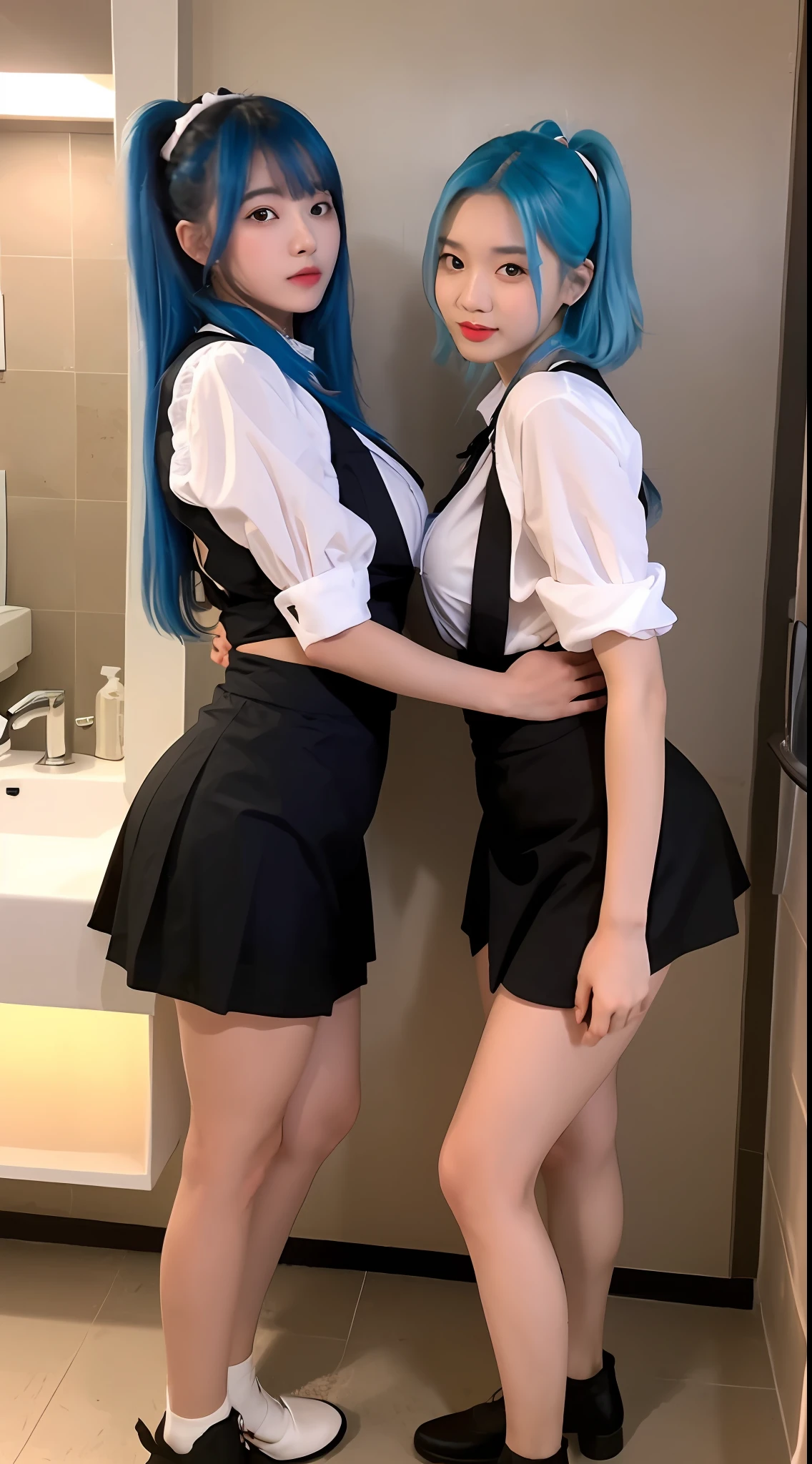 Two cute Korean singer girls,Take photos at night,The background is the bathroom,The two girls knelt together,Wearing a black and white maid skirt,Maid servant outfit,Skinny figure,Cute real girl with big breasts,Blue hair and pink hair,erogenous,Realistic Korean girl,female student,cute schoolgirl,Girl big breasts