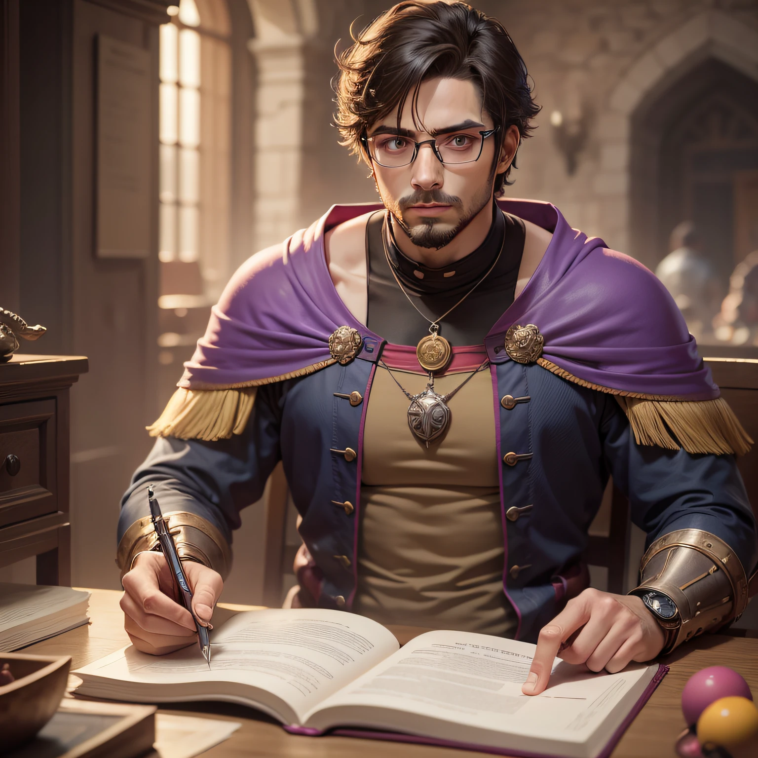 I root for a smart bad guy, curto-castanho-haired male character who wears glasses with posture wearing a purple diplomatic outfit with a pink emblazoned on his chest, olhos cor castanha., fundo de uma sala de reuniao medieval, estilo de RPG, medieval, RPG de mesa, dungeos and dragons , 8k ,Hdr ,personagem