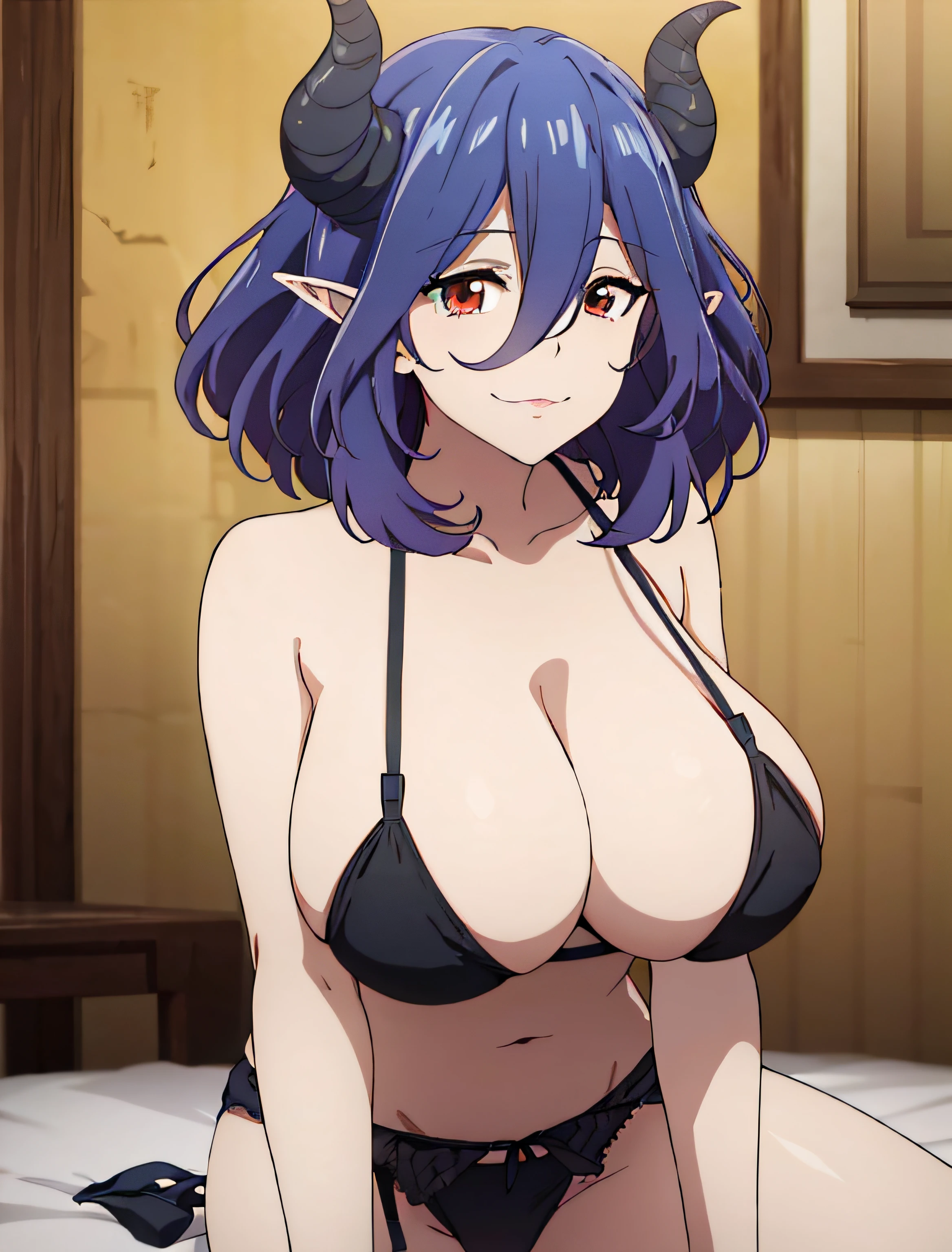 Chica de anime con cuernos y un sujetador negro sentado en una cama, seductora chica de anime, OPPAI, , succubus in tight short dress, Anime Moe Artstyle,, coqueto anime bruja casting magia, Proporciones OPPAI, grandes pechos!