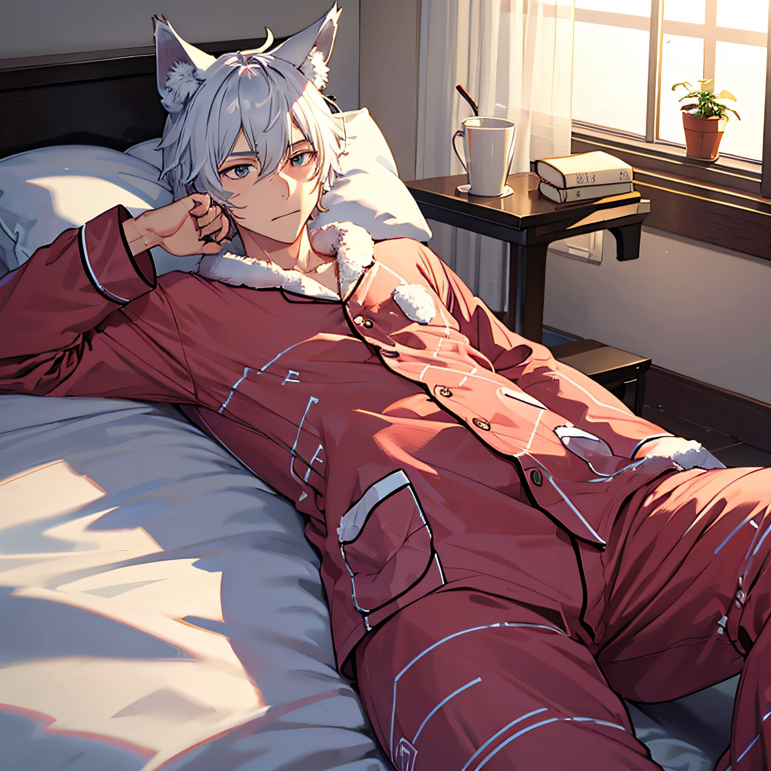 Male Wolf Ears Facial Shy, Wearing this pajamas, Lazing on the bed, turning his body, and having a rabbit-eared one next to him, watching him