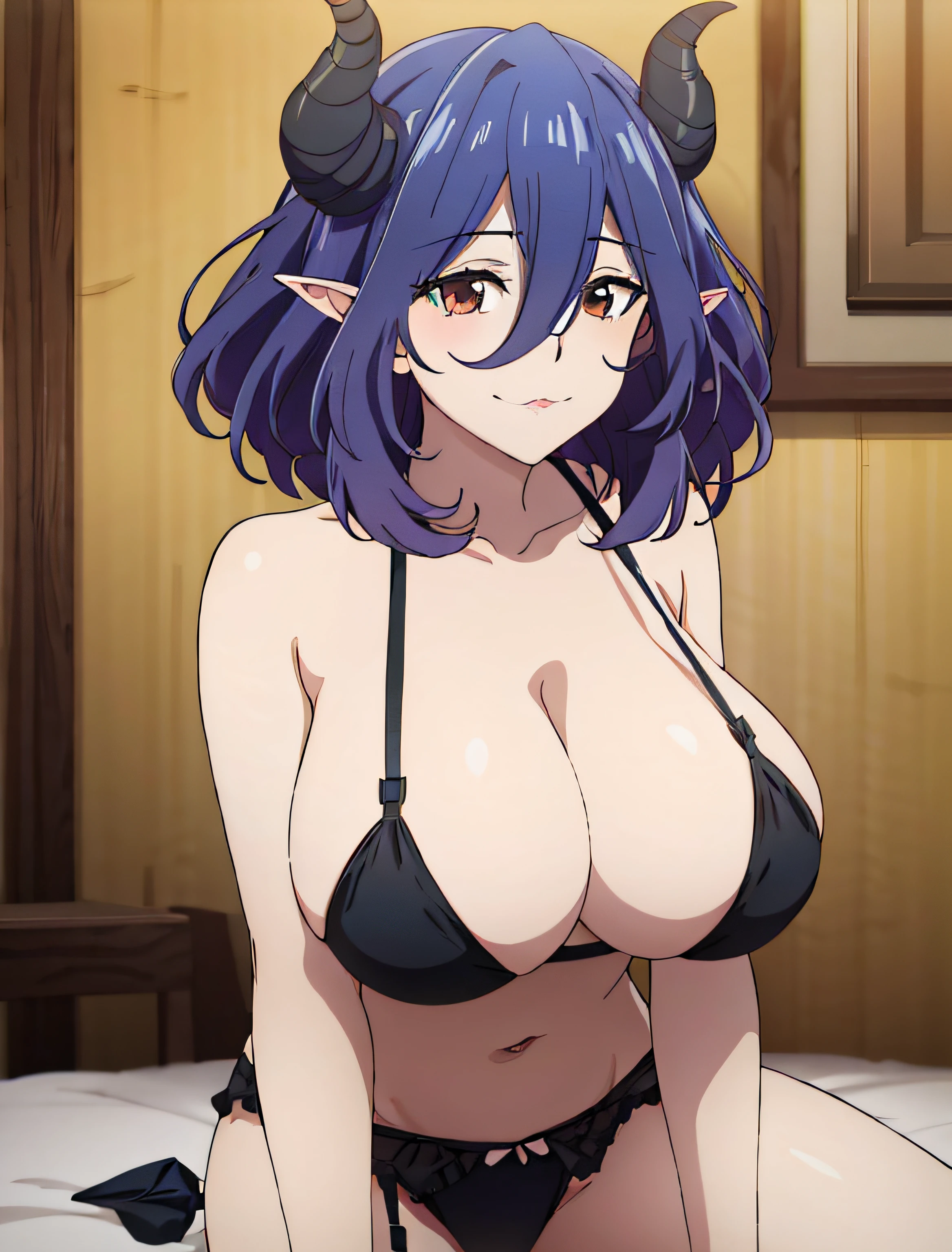 Chica de anime con cuernos y un sujetador ????? sentado en una cama, seductora chica de anime, OPPAI, , succubus in tight short dress, Anime Moe Artstyle,, coqueto anime bruja casting magia, Proporciones OPPAI, grandes pechos!