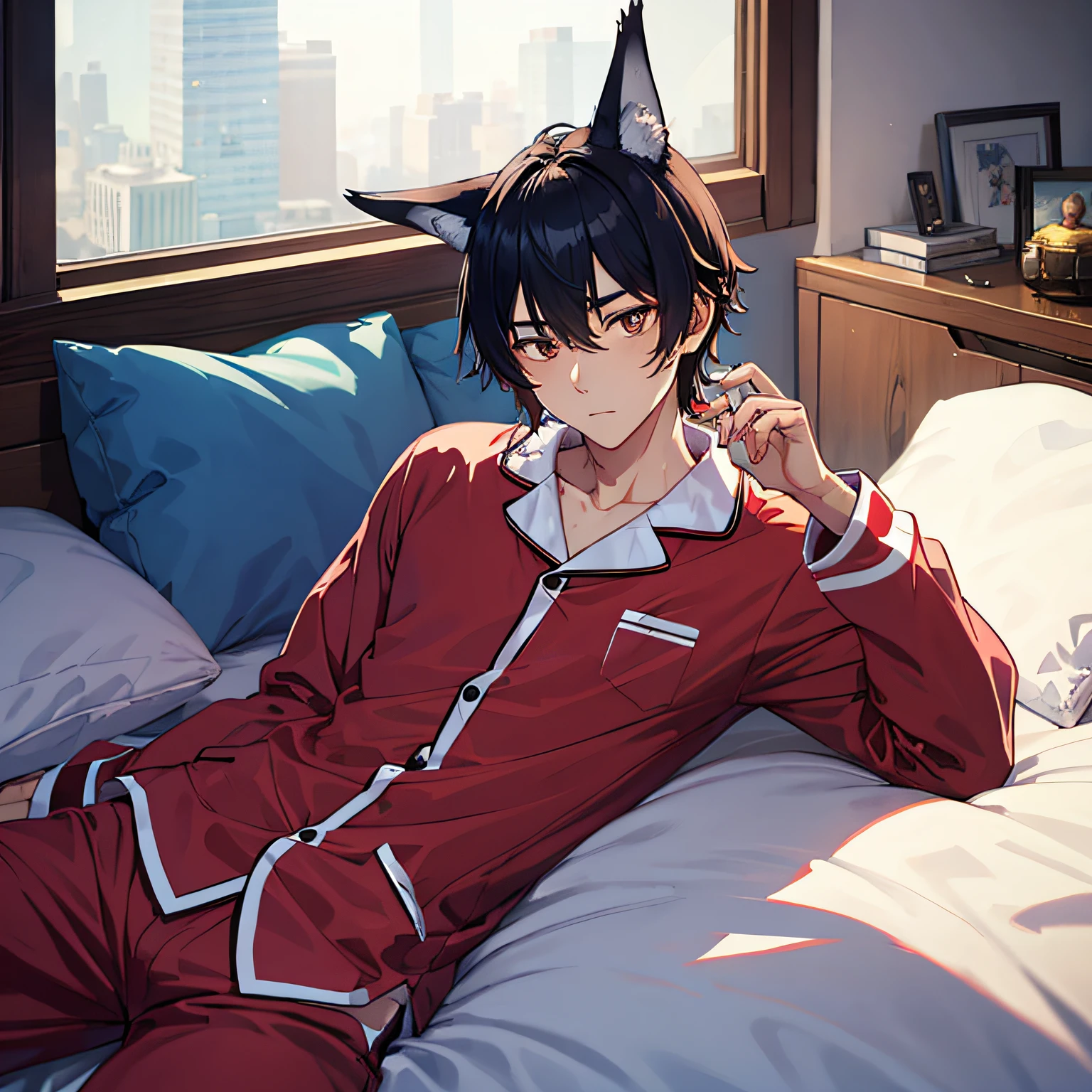Male Wolf Ears Facial Shy, Wearing this pajamas, Lazing on the bed, turning his body, and having a rabbit-eared one next to him, watching him