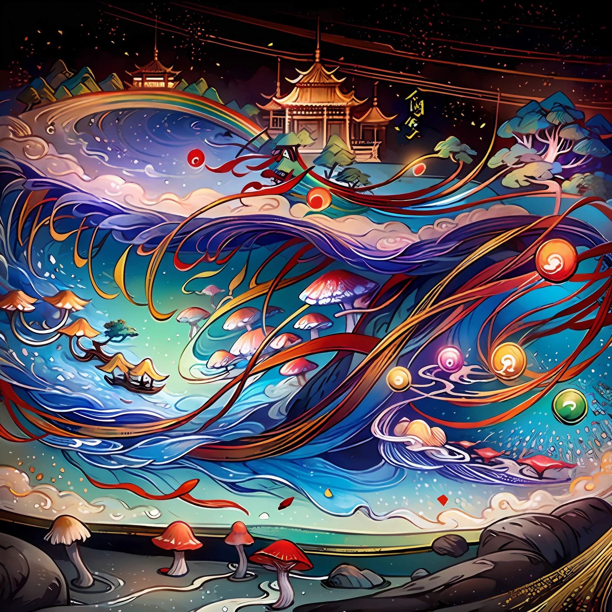 An ancient Chinese painting, ancient Chinese background, mountains, rivers, auspicious clouds, pavilions, sunshine,(psychedelic details),(mushrooms),(rainbow),(trippy),(DMT),intricate details, more details, high details,masterpieces, super detail, epic composition, ultra HD, high quality, extremely detailed, official art, unified 8k wallpaper, Super detail, 32k -- v 6