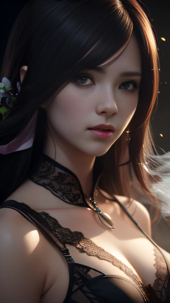 A portrait photo of a sexy female,beautiful face, physical perfection,luxury lace undergarments,colorful ribbons and gemstone ornaments, surrounded by fresh flower and smoke,colored powder explosion, intricate line drawings,surrealistic,an immaculate octane render, powerful, Vignette,volumetric lights,cinematic dramatic atmosphere, depth of field,sharp focus, volumetric lighting,by craig mullins, ruan jia, kentaro miura, greg rutkowski --auto