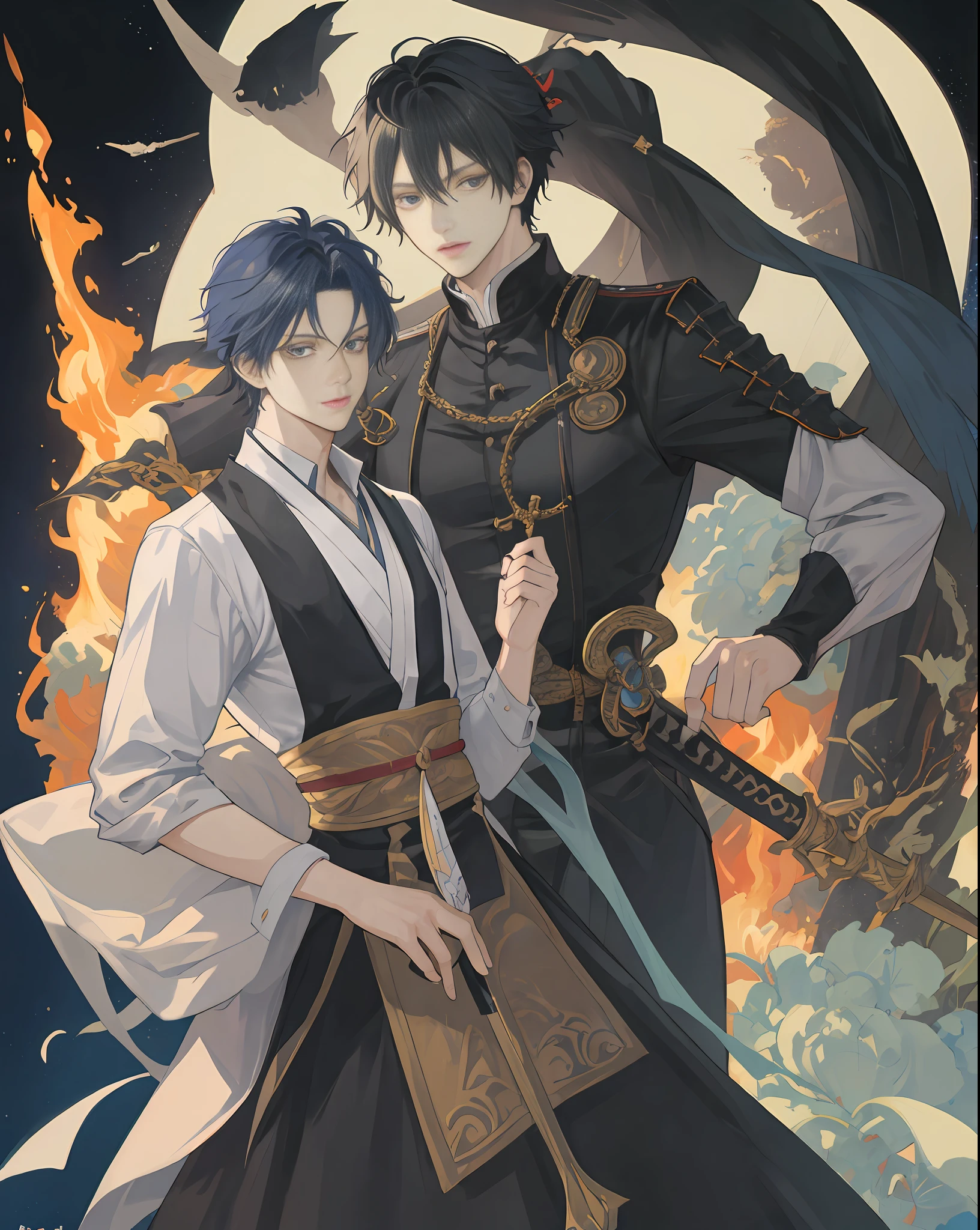 ((The Highest Quality、master masterpiece)), comic art、anime characters with a fire in their hair and a man with a sword, katekyo hitman reborn, otaku gangasta, sirius a and sirius b, high quality fanart, from cryptid academia, inspired by Okumura Masanobu, two anime handsome men, epic anime style, anime poster, Detailed fan art, illustrative!!, akehiko inoue and ross tran