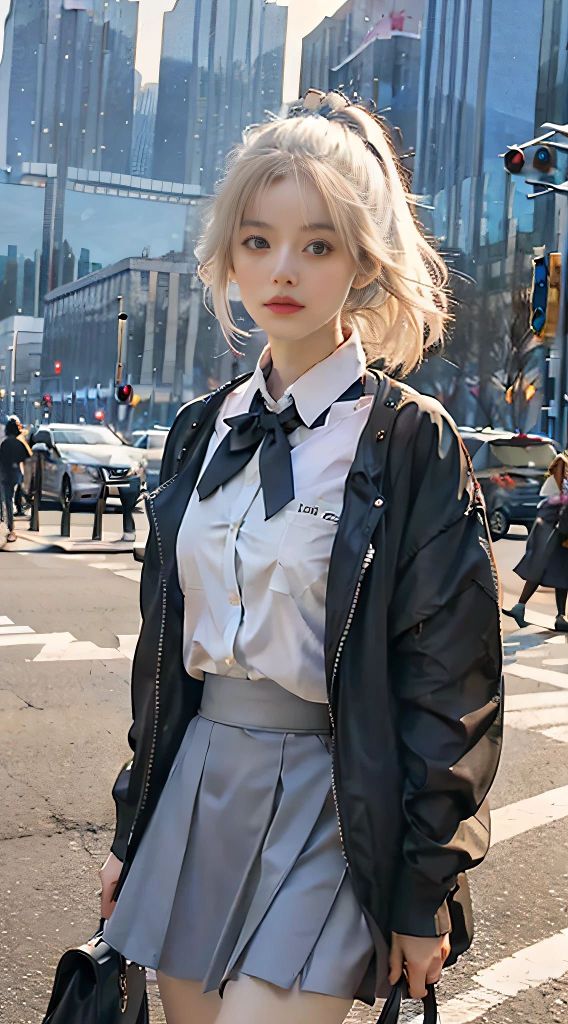 (8k, RAW photo, masterpiece:1.3), (realistic, photo-realistic:1.37), (night), (looking at viewer:1.331), (white hair), posing, new york, street, nightcityscape, cyberpunk city, soft light, 1girl, extremely beautiful face, bust, put down hands, Random hairstyle, Random expression, big eyes, lower abdomen, (JK_suit), (JK_shirt), JK_style, (dark blue JK_skirt), (bow JK_tie), mix4., best quality