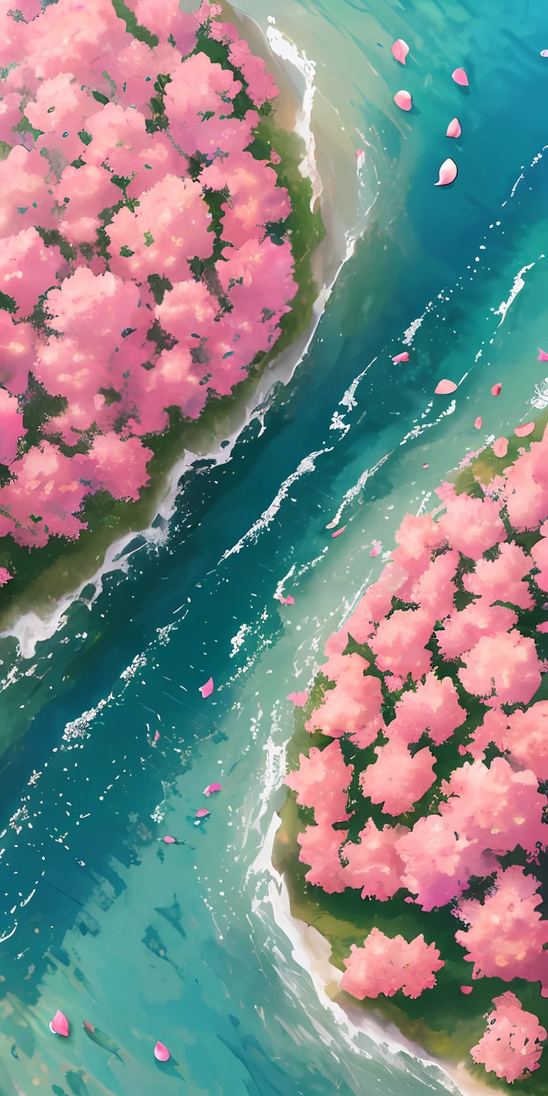 Lots of pink petals，One picture is not divided，master masterpiece，bestbestquality，（非常详细的CG Unity 8k壁纸）（bestbestquality），（best illustrations），（Best shadow）natural,,'，Blue sea，Delicate leaves of various colors fall in air light tracking，is super detailed --v6