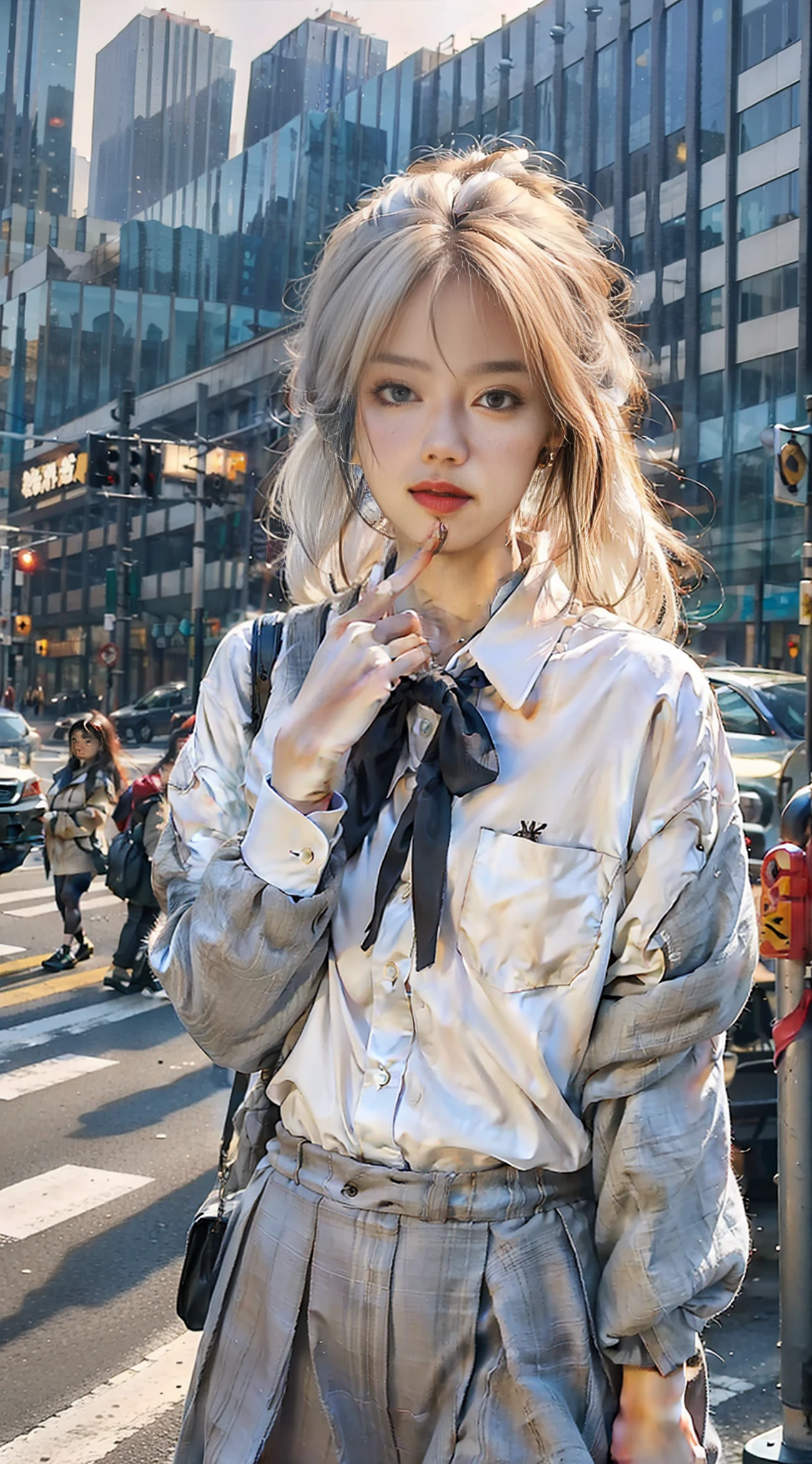 (8k, RAW photo, masterpiece:1.3), (realistic, photo-realistic:1.37), (night), (looking at viewer:1.331), (white hair), posing, new york, street, nightcityscape, cyberpunk city, soft light, 1girl, extremely beautiful face, bust, put down hands, Random hairstyle, Random expression, big eyes, lower abdomen, (JK_suit), (JK_shirt), JK_style, (dark blue JK_skirt), (bow JK_tie), mix4., best quality