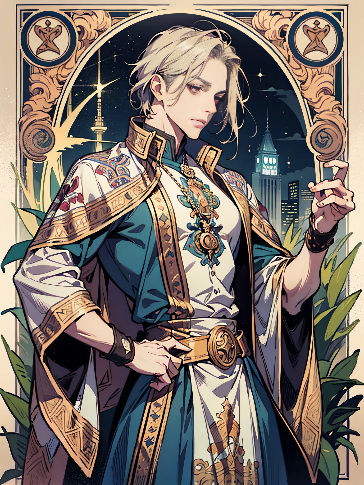 （absurds，great resolution，Hyper detailed）， 1 男性， Adult， hansome， Tall muscular man， BROAD SHOULDERS， Fine eyes and detailed face， The vampire\the tower tarot card\， The Bard， joker， symbolism， visual art， occultism， universal， Visual projection， philosophy， Iconography， Numerology， popular， Arte， Alphonse Mucha