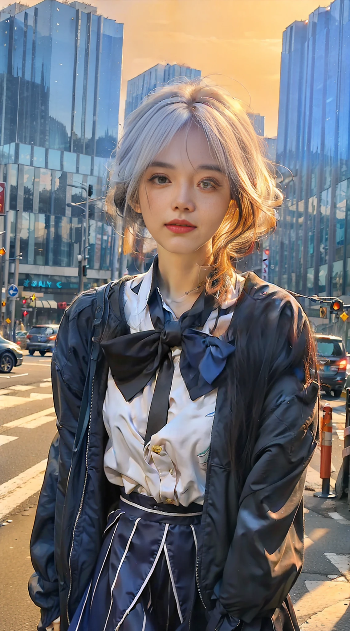 (8k, RAW photo, masterpiece:1.3), (realistic, photo-realistic:1.37), (night), (looking at viewer:1.331), (white hair), posing, new york, street, nightcityscape, cyberpunk city, soft light, 1girl, extremely beautiful face, bust, put down hands, Random hairstyle, Random expression, big eyes, lower abdomen, (JK_suit), (JK_shirt), JK_style, (dark blue JK_skirt), (bow JK_tie), mix4., best quality